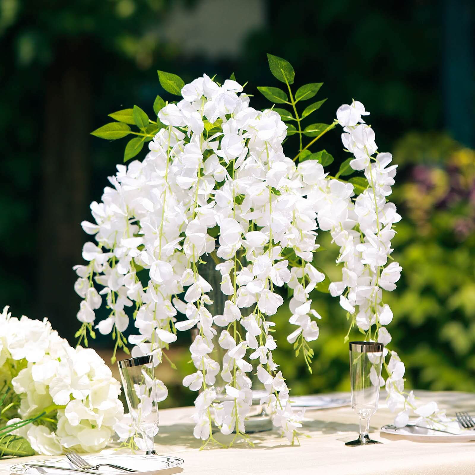 5 Pack 44 Silk Hanging Wisteria Flower Garland Vines in White, 3 Strands in 1 Bush