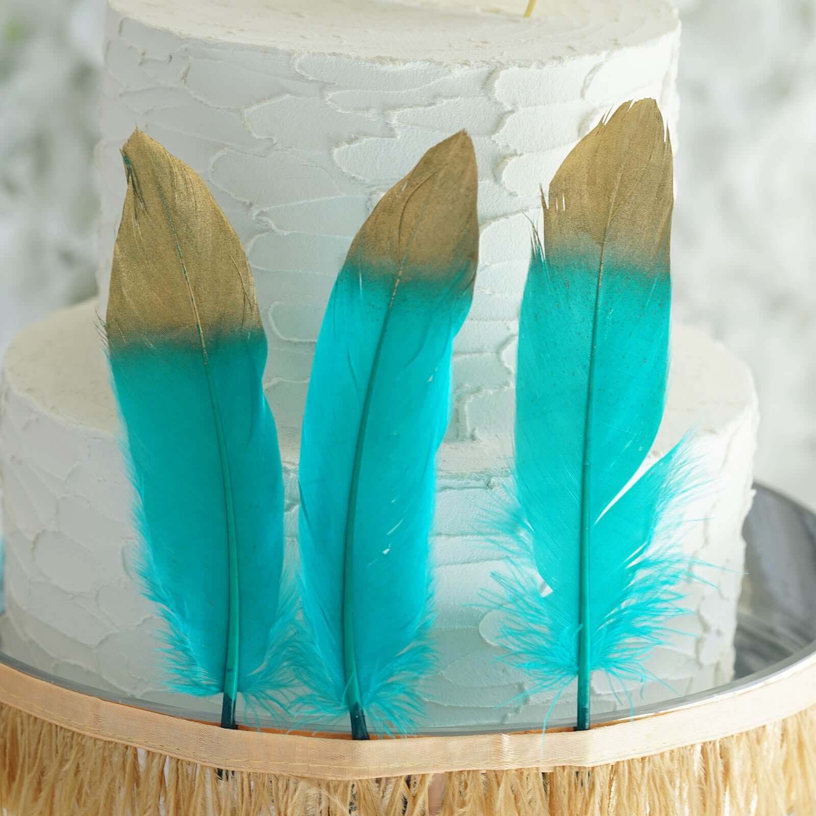 30 Pack Metallic Gold Dipped Turquoise Real Goose Feathers, Craft Feathers For Party Decoration