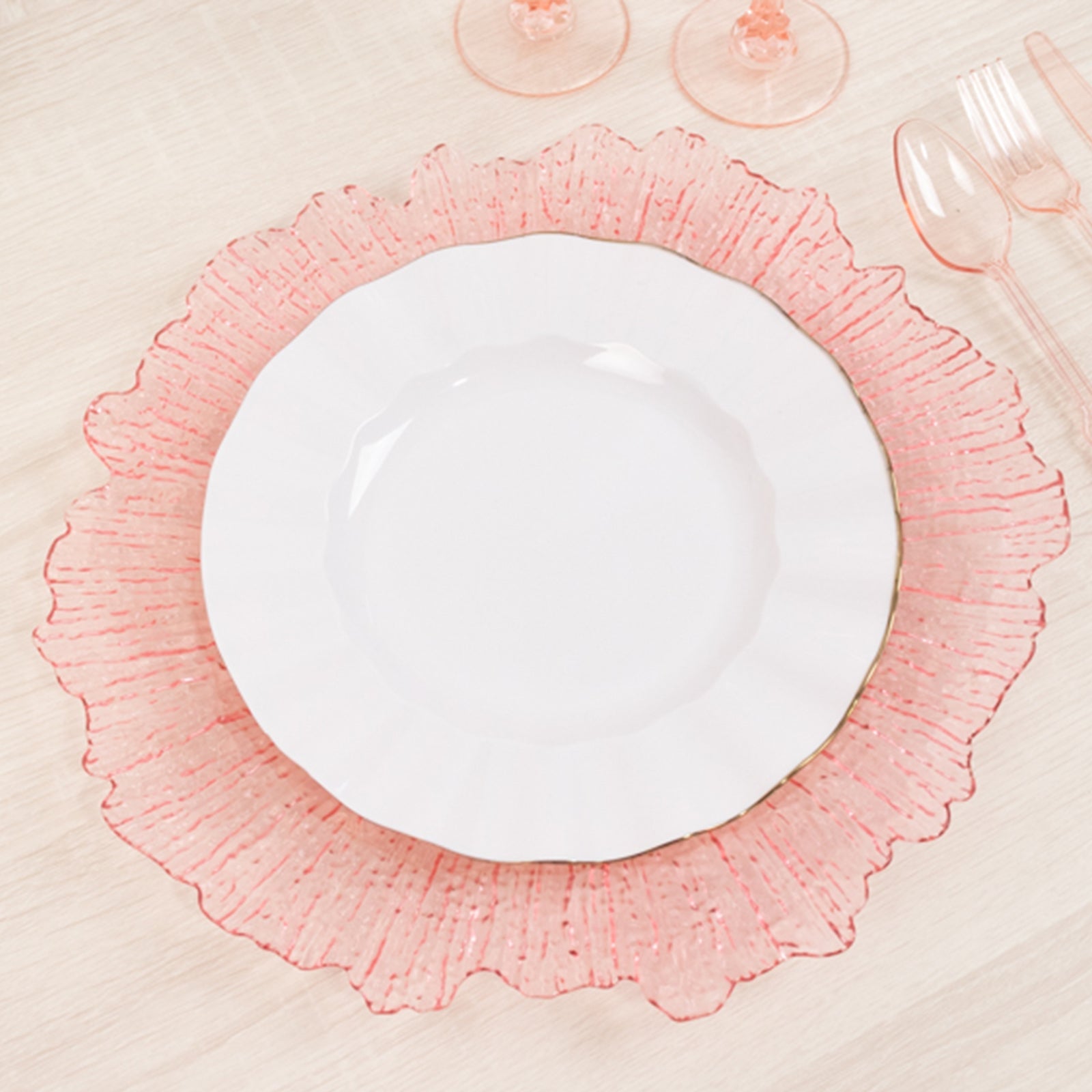 6-Pack Acrylic Plastic Round Charger Plates 13 in Transparent Blush with Reef Design, Dinner Charger Tableware