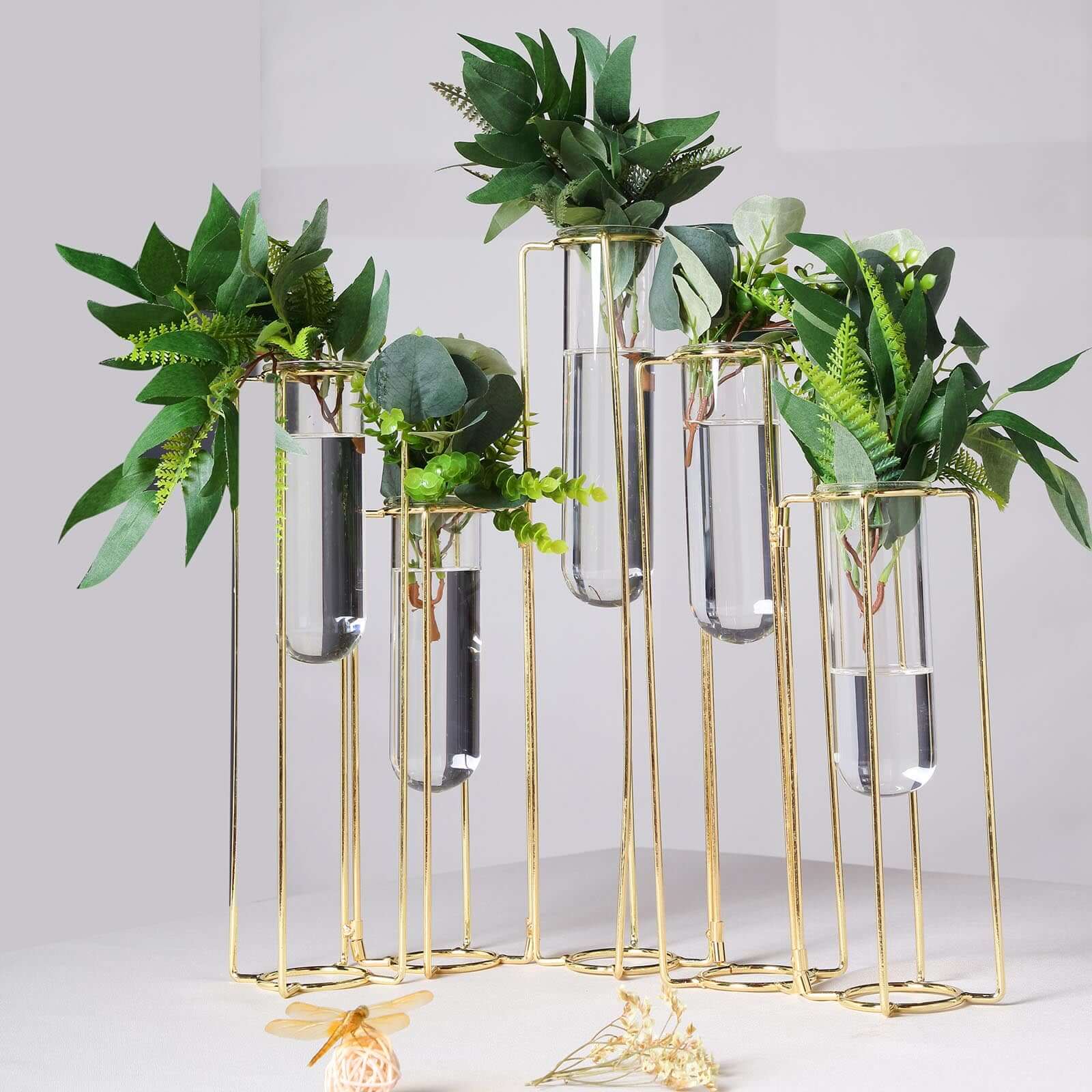 Set of 5 Wedding Centerpieces Gold Frame Conjoined Geometric Design - Test Tube Hydroponic Vases 12