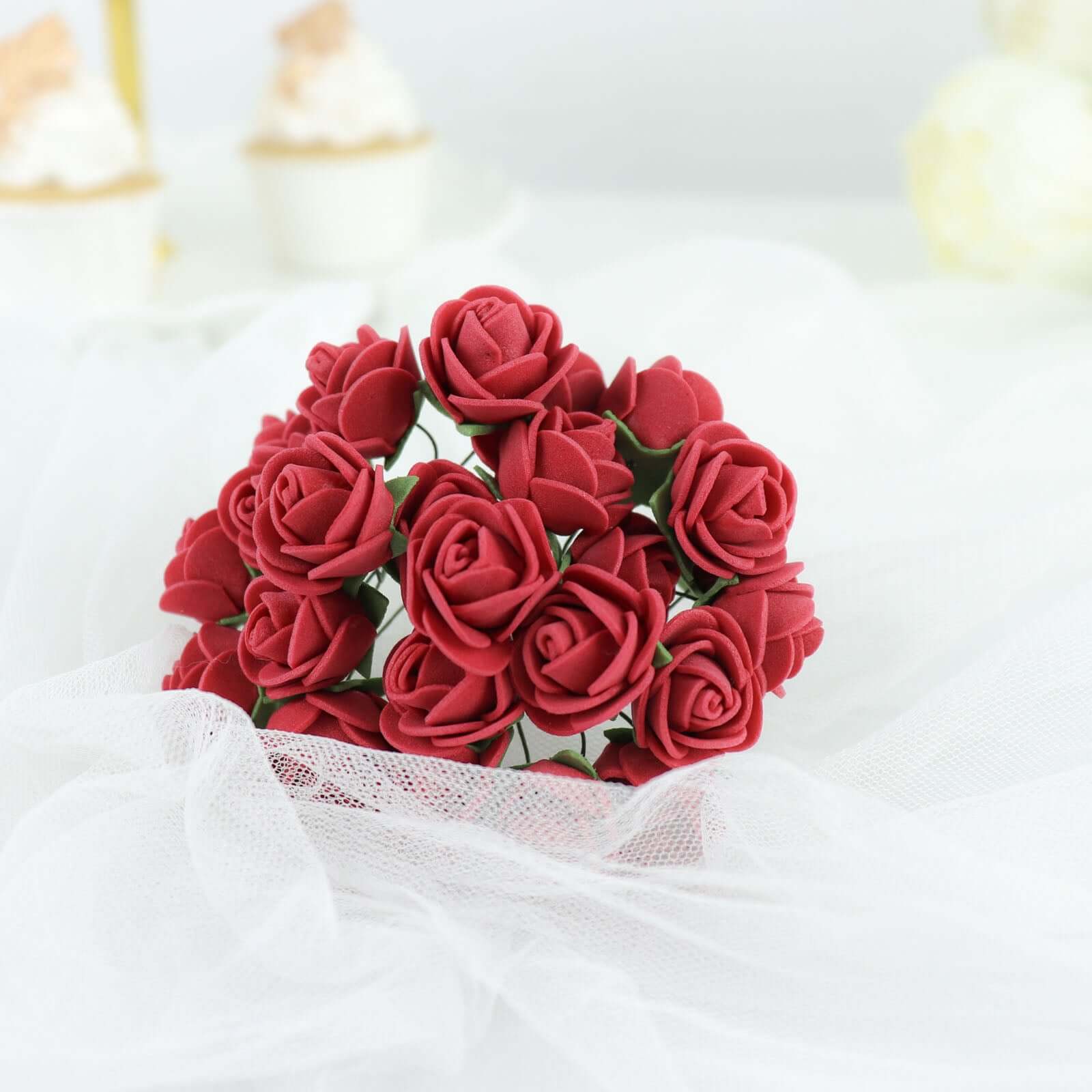 48 Roses 1 Burgundy Real Touch Artificial DIY Foam Rose Flowers With Stem, Craft Rose Buds