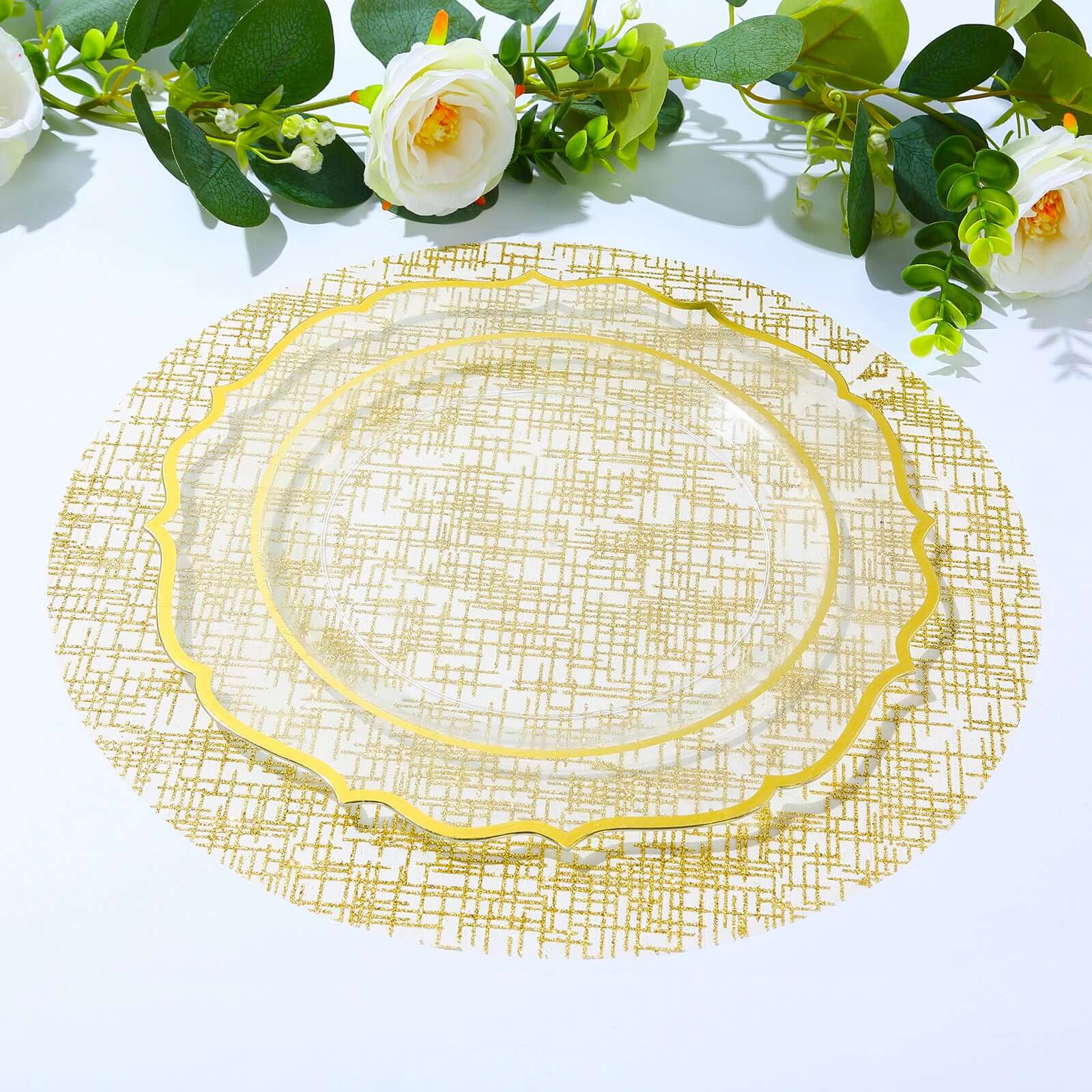 10-Pack Table Placemats Glitter Design Metallic Gold Round - Mesh Polyester Disposable Mats 13