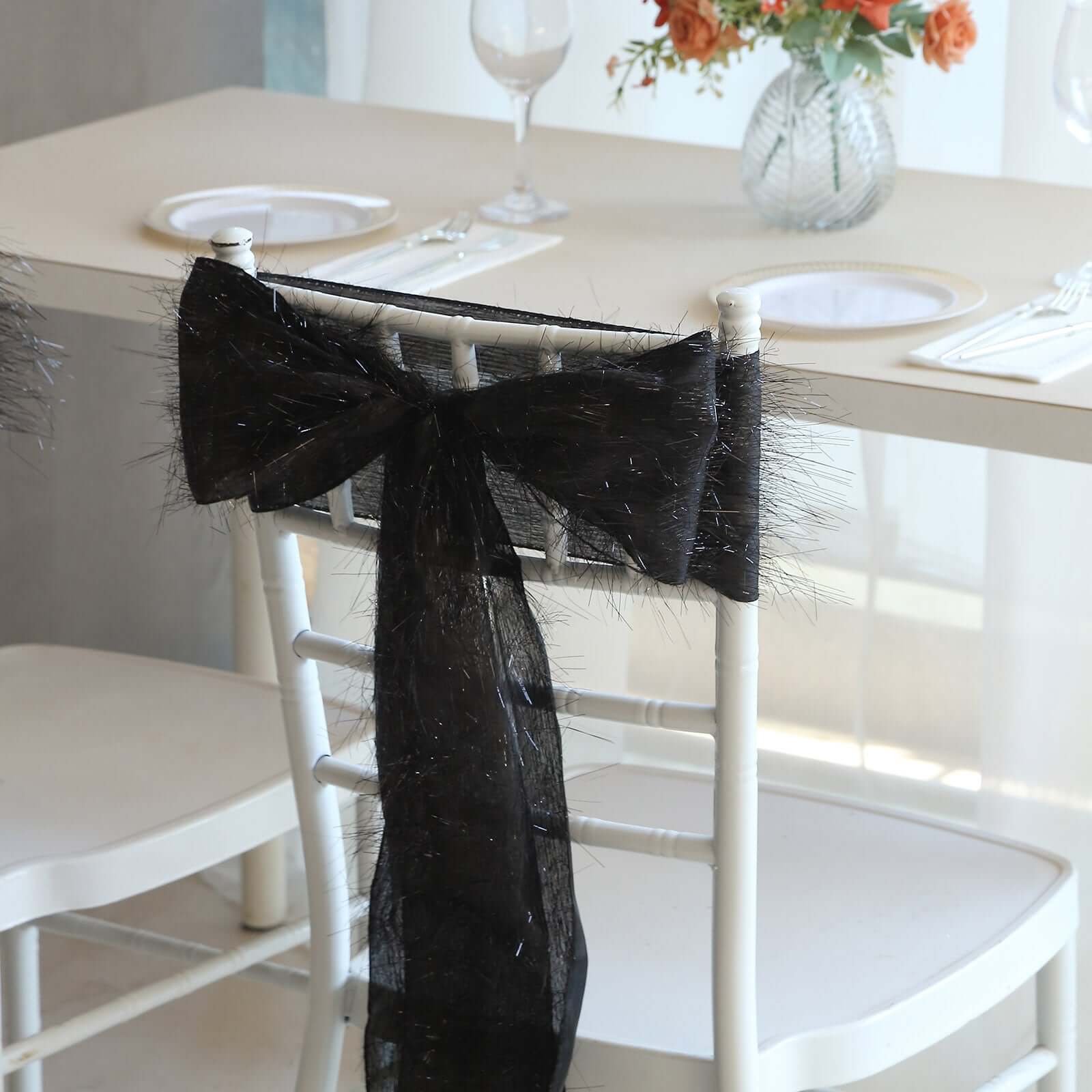 5 Pack Polyester Chair Sashes Black Metallic Tinsel Fringe - Easy to Use Chair Bows 6x108