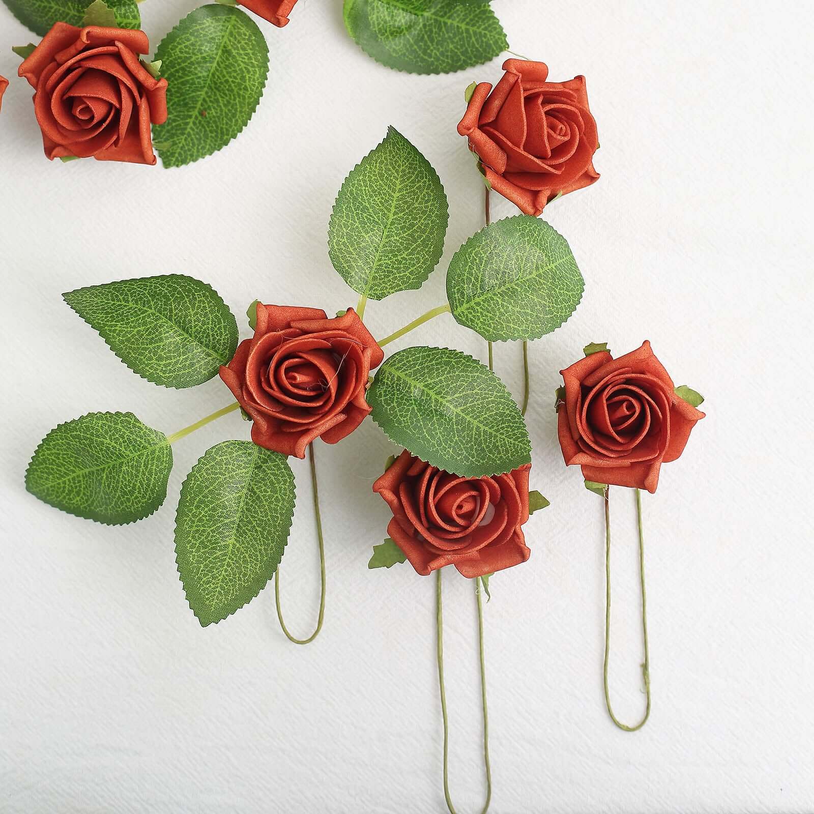 24 Roses 2 Terracotta (Rust) Artificial Foam Flowers With Stem Wire and Leaves