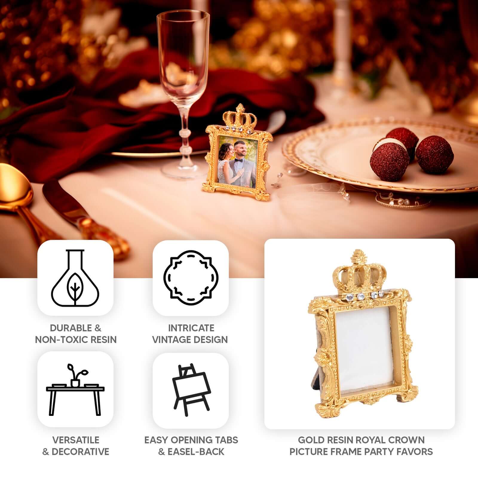 4-Pack Picture Frames Gold Resin Royal Crown Design Square - Baroque Wedding Place Card Holders & Party Favors 3.5