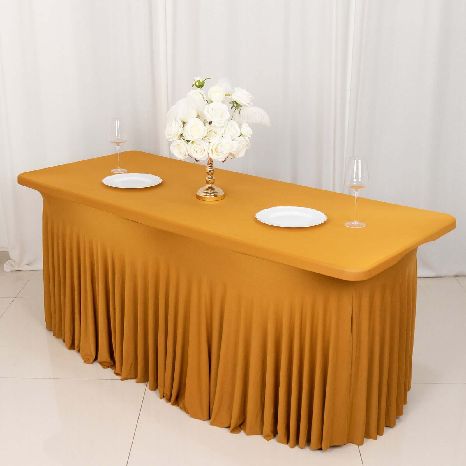 Spandex Rectangle 72x30 Table Skirt Gold with Wavy Skirt-Like Effect Stylish Table Cover for Weddings, Banquets & Trade Shows