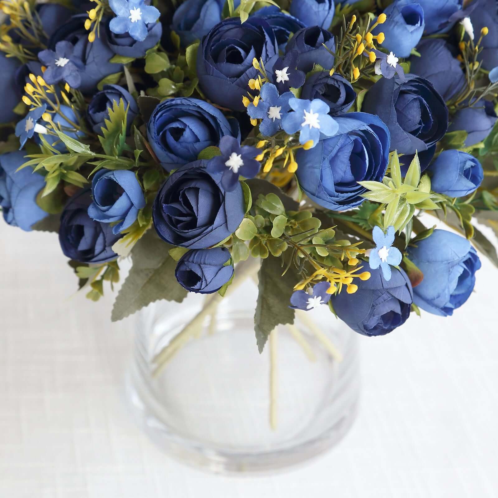4 Pack 12 Artificial Navy Blue Ranunculus Silk Flower Bridal Bouquets, Faux Buttercup Floral Arrangement