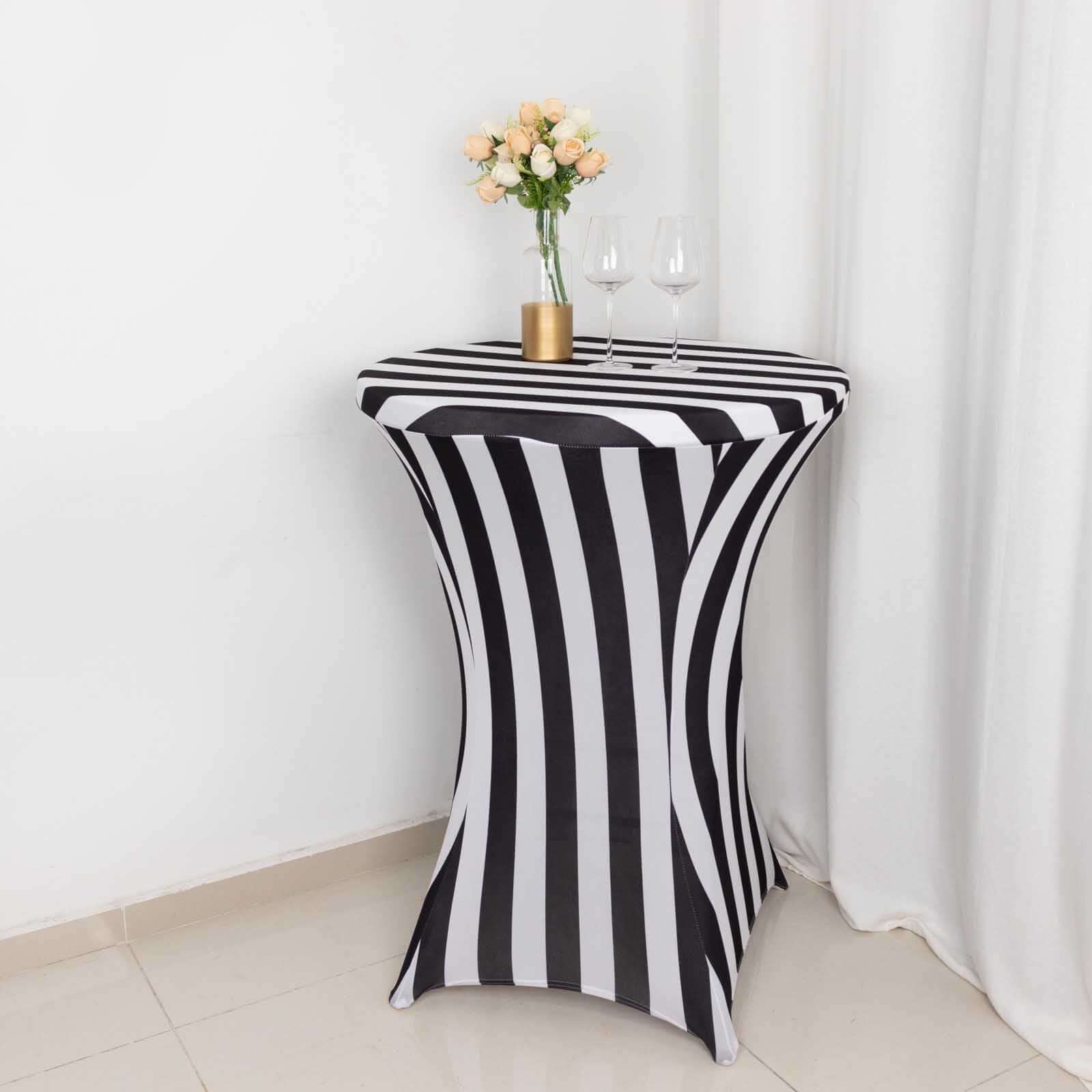 Spandex 32 Fitted Round Cocktail Table Cover Black/White Striped - Easy to Maintain Stretch Tablecloth