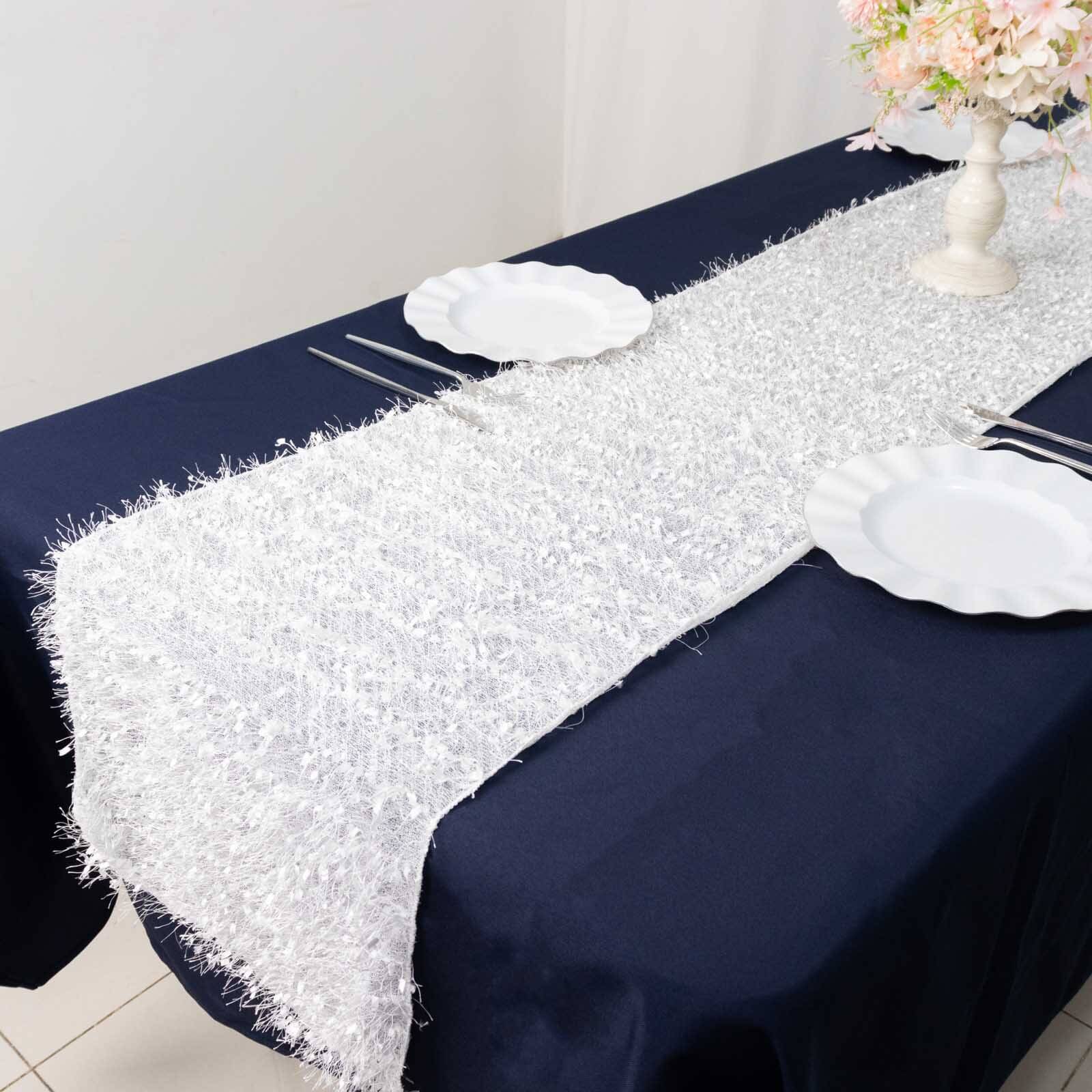 Polyester 12x108 Table Runner White - Fringe Shag Table Decor