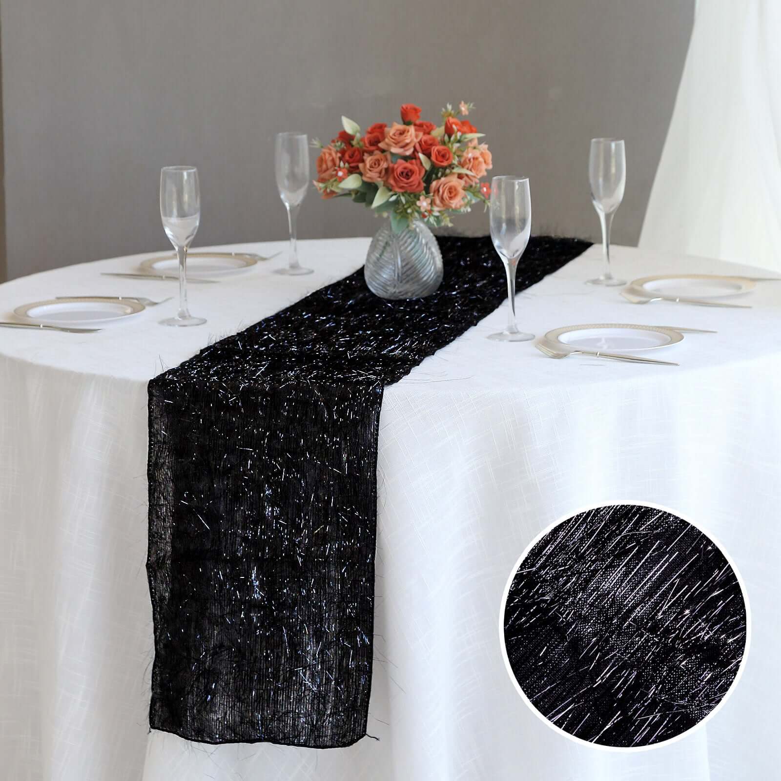 Metallic Tinsel Polyester 12x108 Table Runner Black - Shimmery Fringe Shag Table Decor