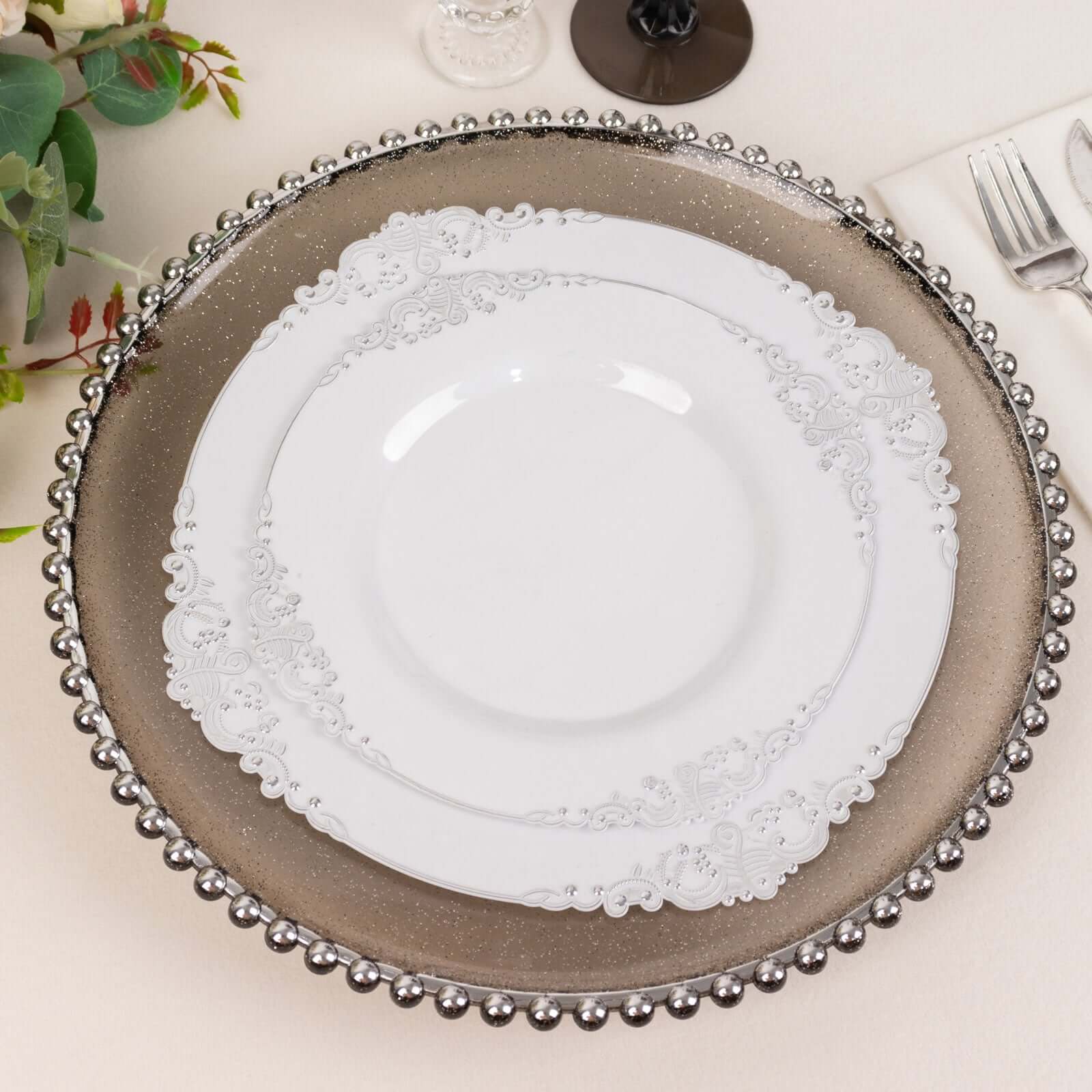 6-Pack Acrylic Round Charger Plates 13 in Transparent Black Silver Glittered with Beaded Rim, Decorative Dinner Party Charger Tableware