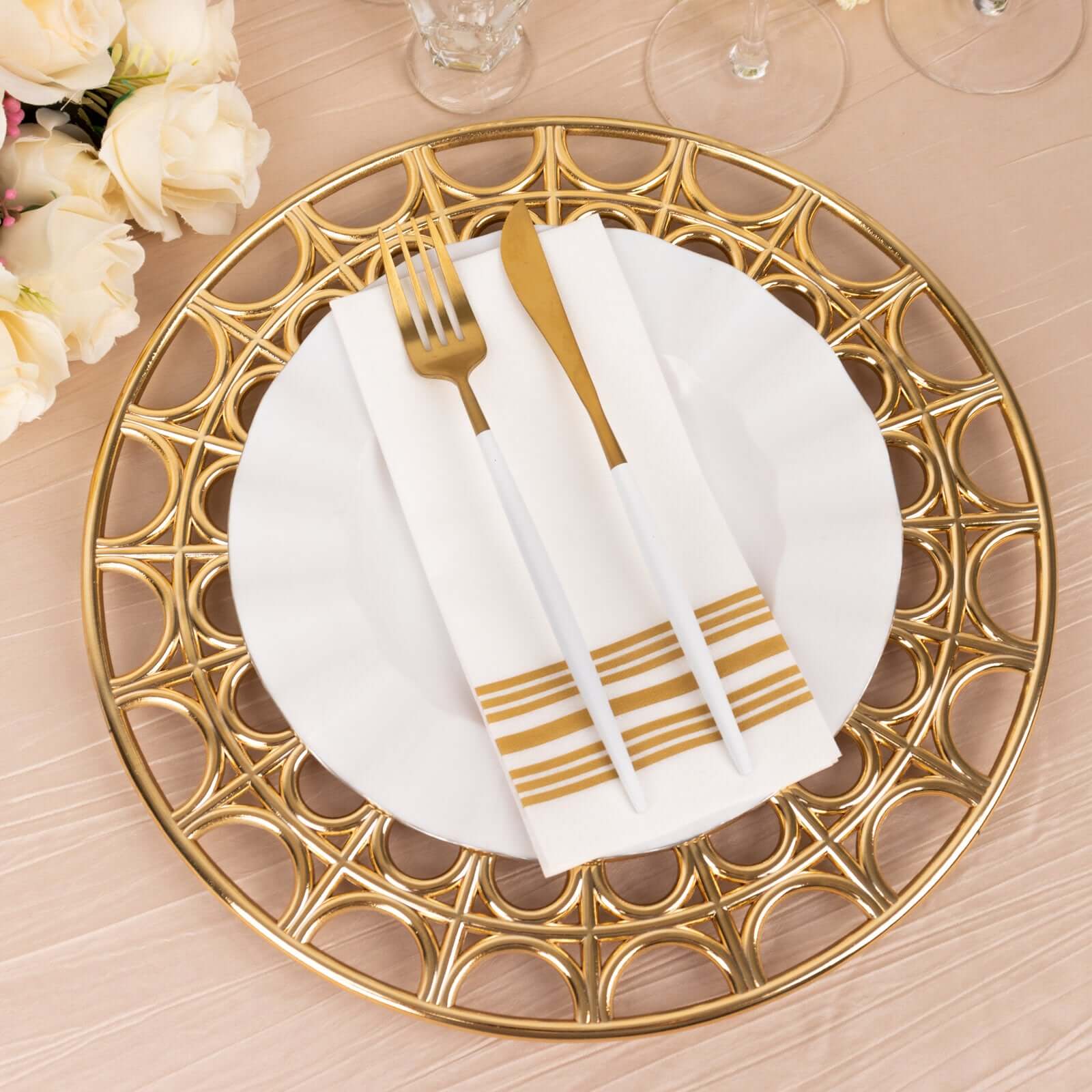 6-Pack Acrylic Round Charger Plates 13 in Metallic Gold with Hollow Semi Circle Rim, Plastic Decorative Charger Tableware