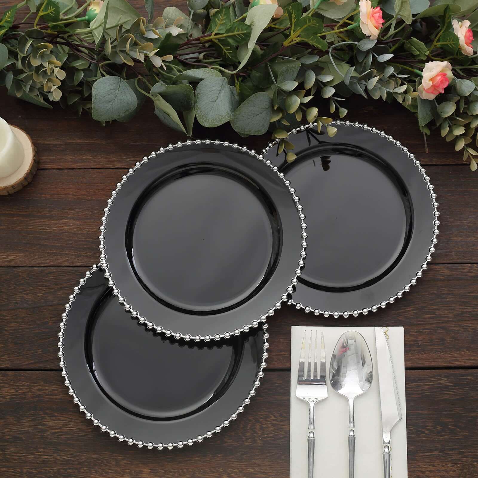 10-Pack Plastic 8 Round Appetizer Dessert Plates in Black with Silver Beaded Rim - Disposable Salad Plates