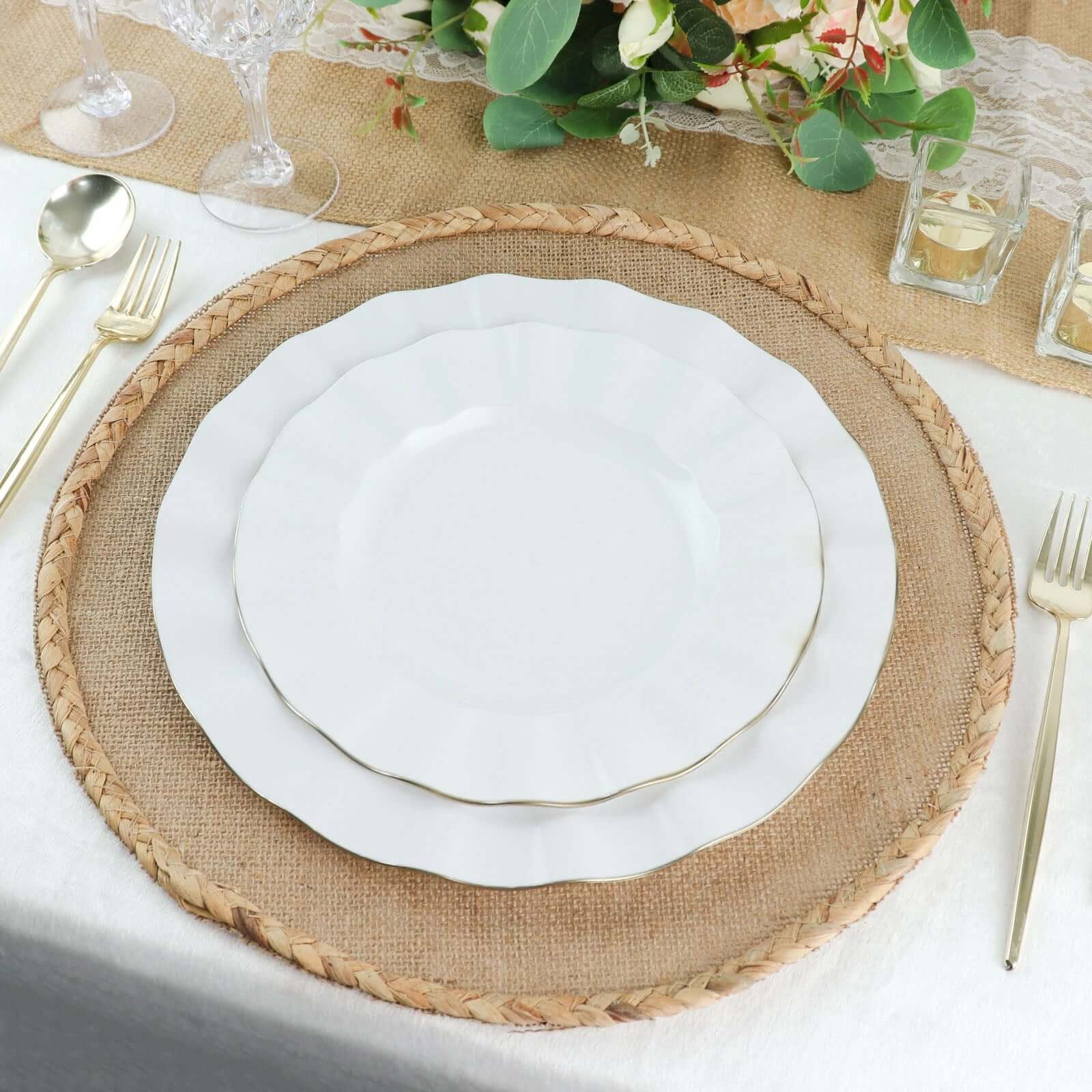 10-Pack Plastic 9 Round Dinner Plates in White Ruffled Rim with Gold Edging - Sturdy Disposable Dinnerware for Classy Events & Banquets