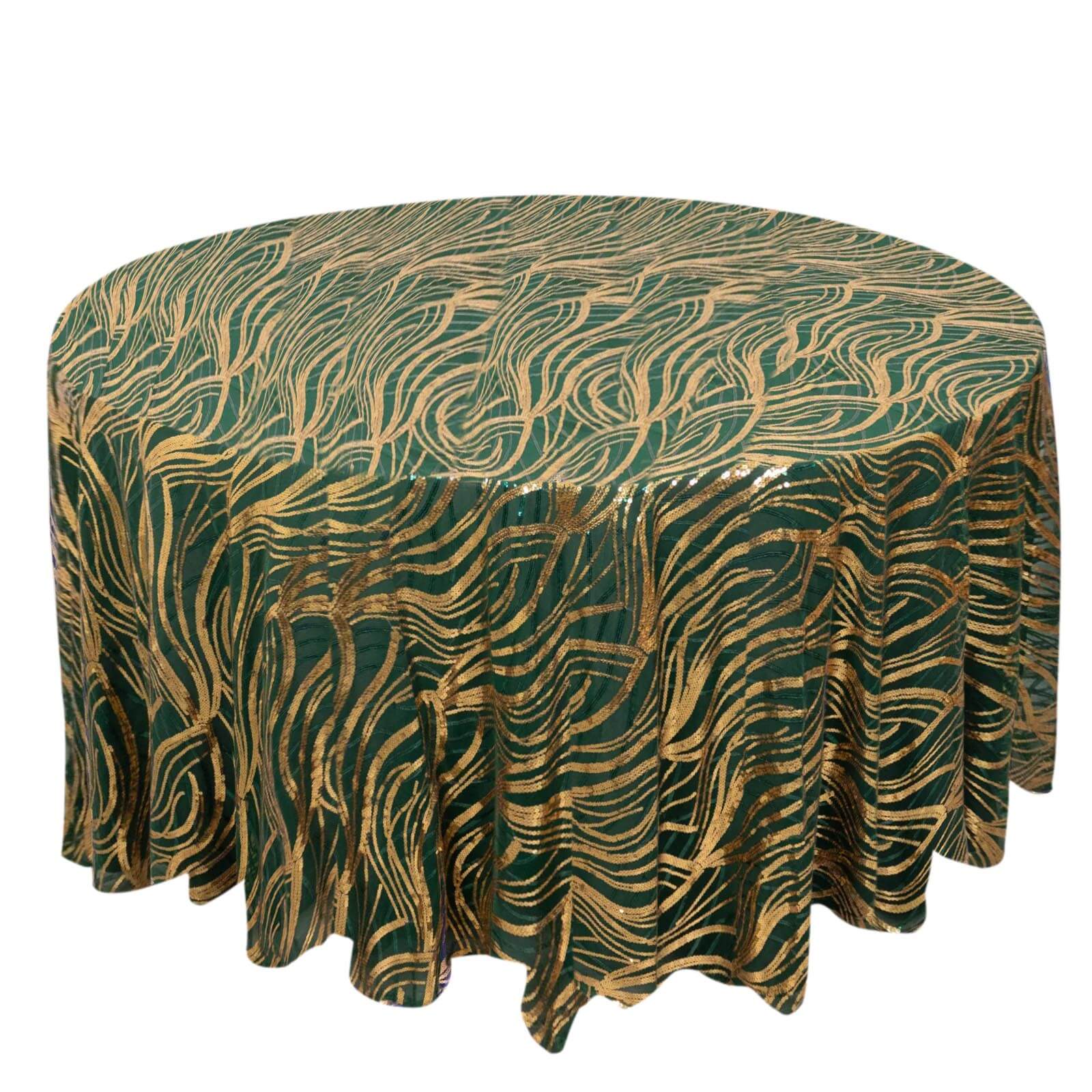 Sequin Mesh 120 Round Tablecloth Hunter Emerald Green/Gold - Seamless Wave Embroidered Table Cover