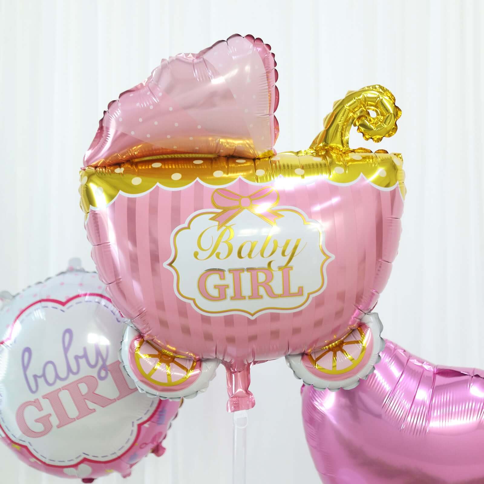 Set of 5 Pink White Girl Baby Shower Mylar Foil Balloon Set, Heart, Round and Baby Carriage Balloon Bouquet With Ribbon, Gender Reveal Party Decorations