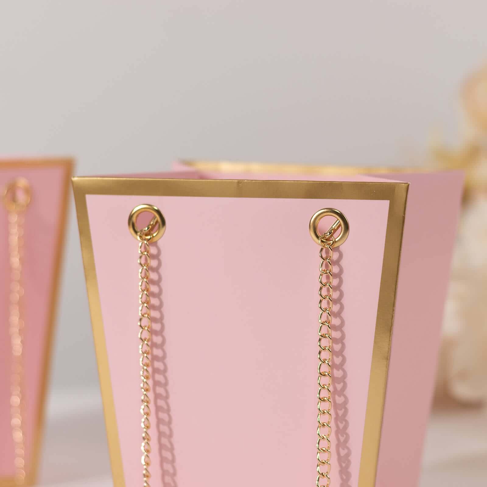 6 Pack Pink Gold Edge Paper Flower Gift Bags With Metal Chain Handles, Trapezoid Party Favor Tote Bags - 5x6