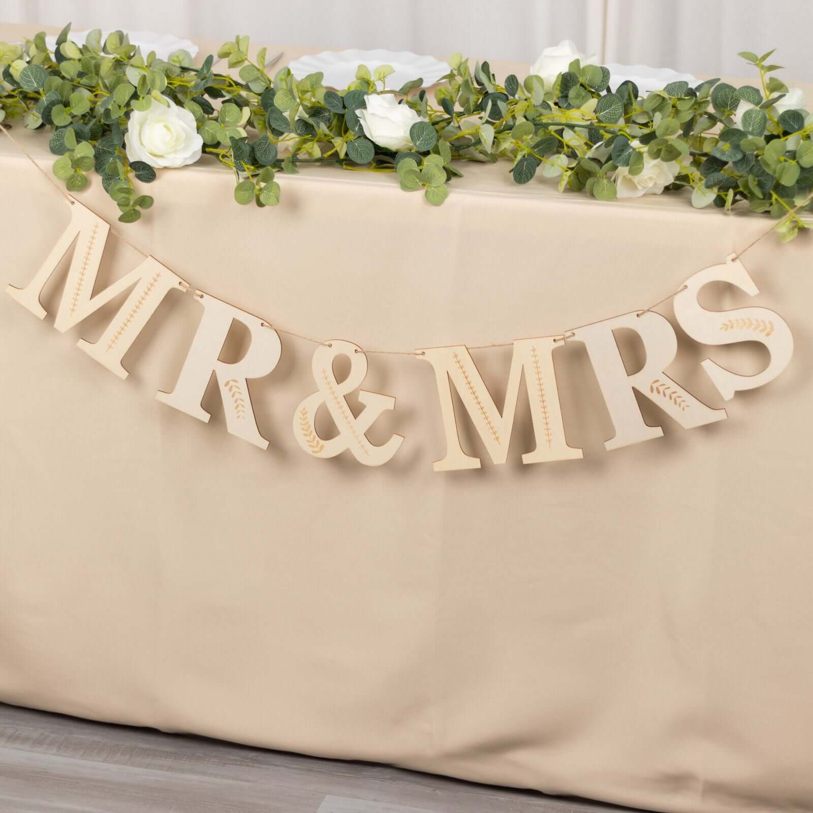 10ft Natural Pre-Strung Mr & Mrs Wooden Letter Banner with Botanical Design, Handmade Rustic Wedding Anniversary Garland