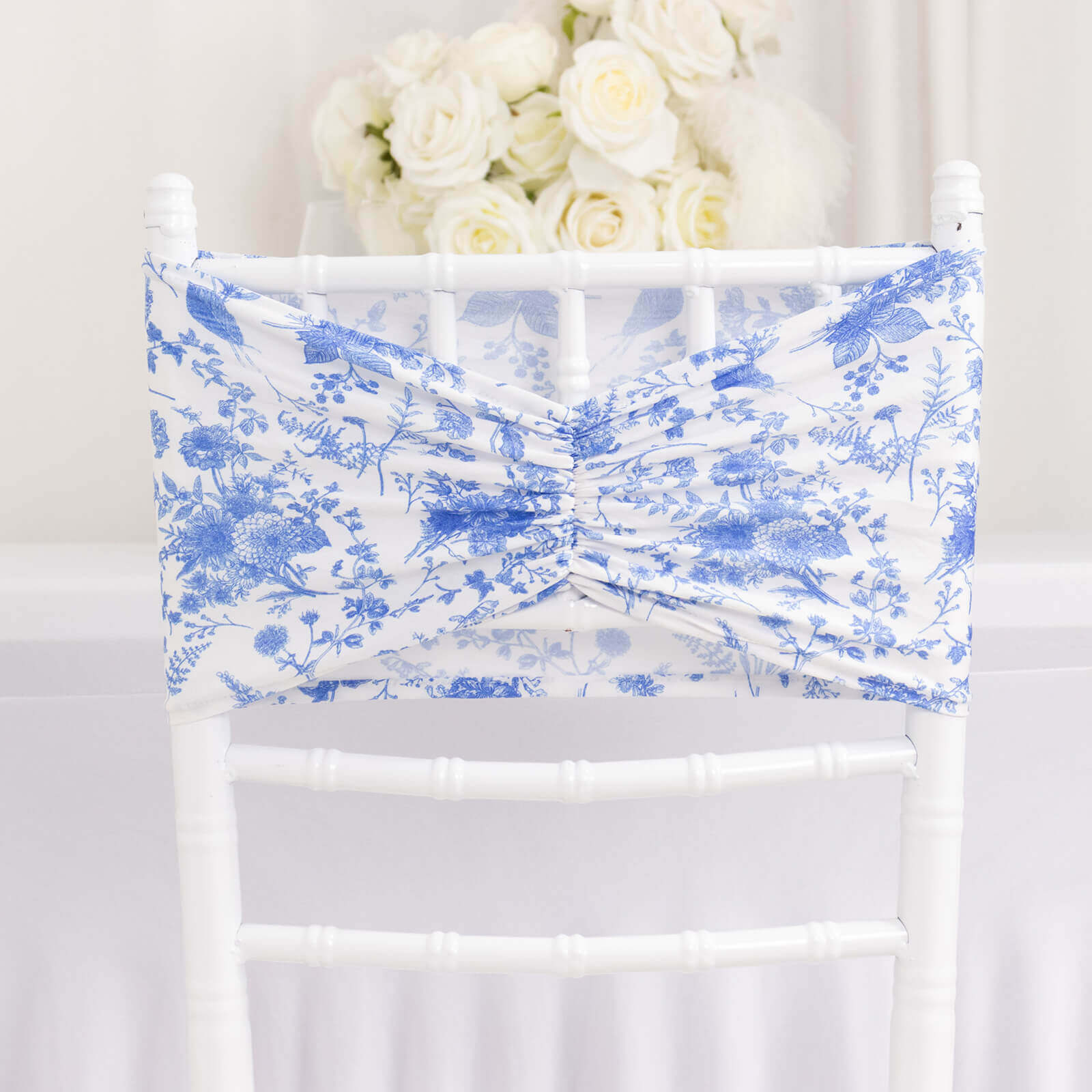 5 Pack Spandex Chair Sashes White/Blue French Toile Floral Pattern - Vintage-Inspired Wide Wrinkle-Free Stretchable Chair Bands 8x13