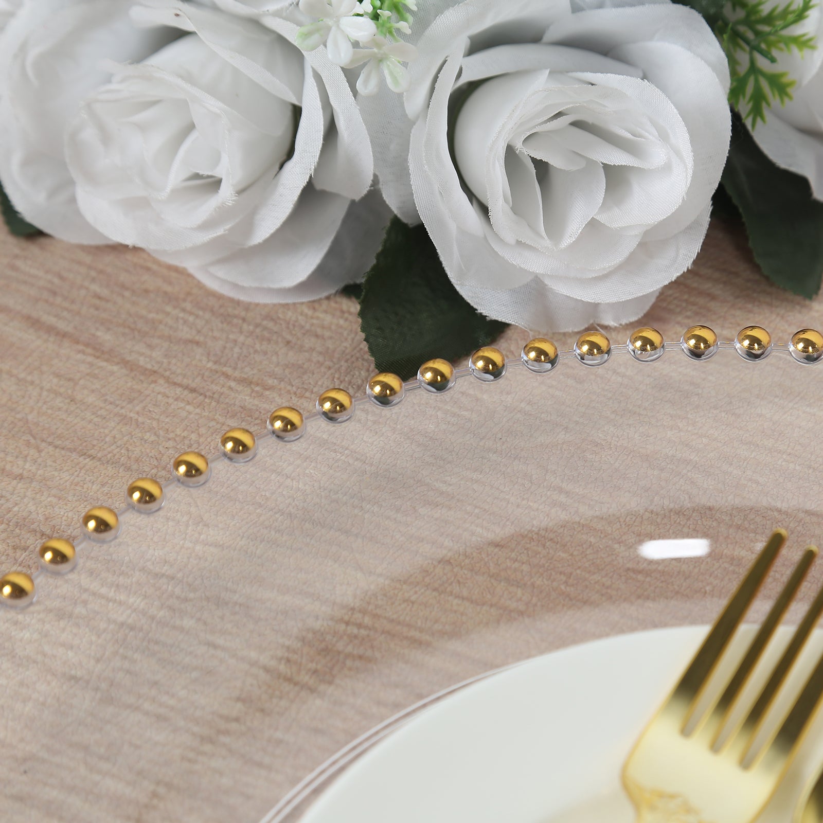 10-Pack Economy Round Plastic Charger Plates 13 in Clear with Gold Beaded Rim, Stylish Dinner Party Serving Plates