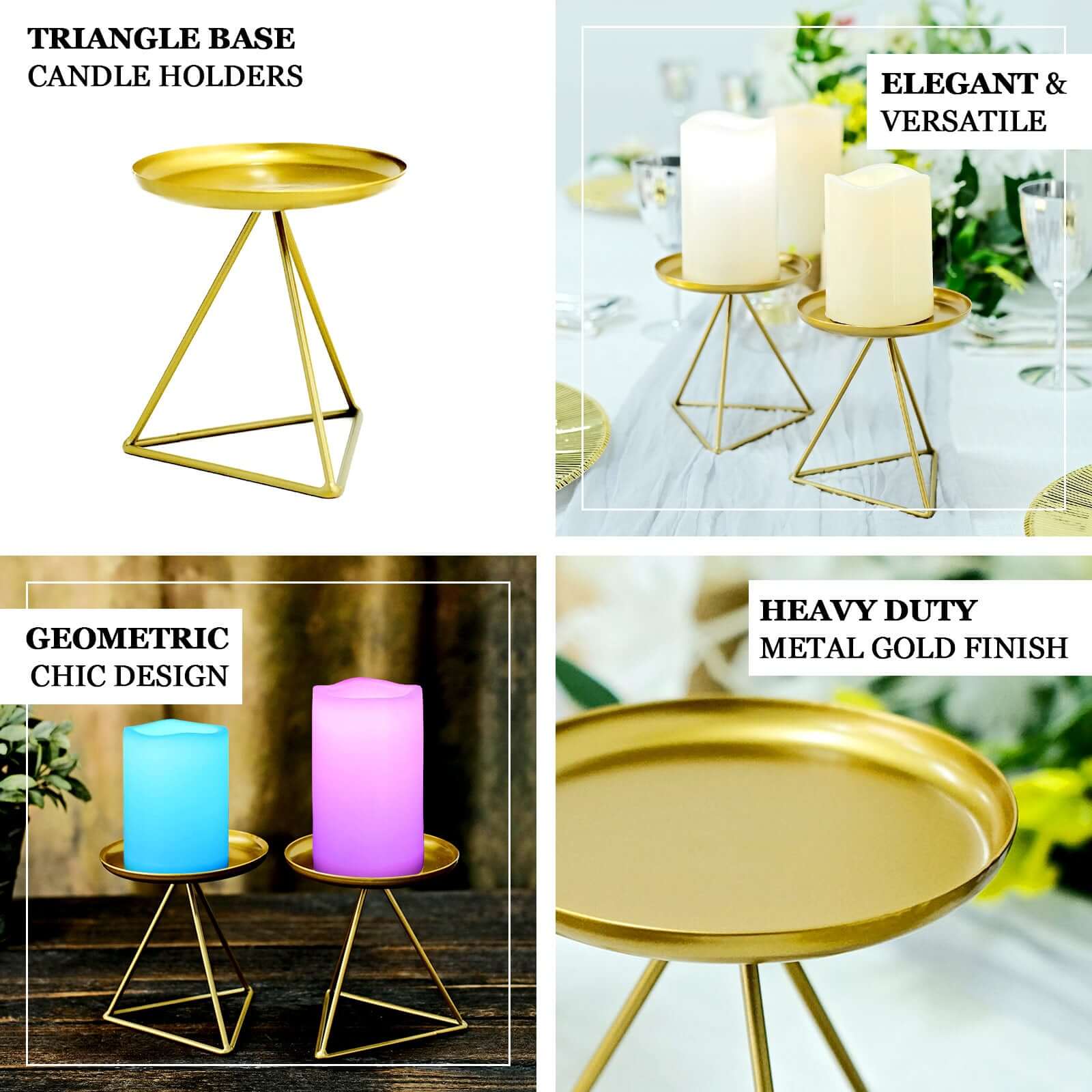 2-Pack Pillar Candle Holders Gold Metal Geometric Triangle Base Design - Decorative Centerpiece 5