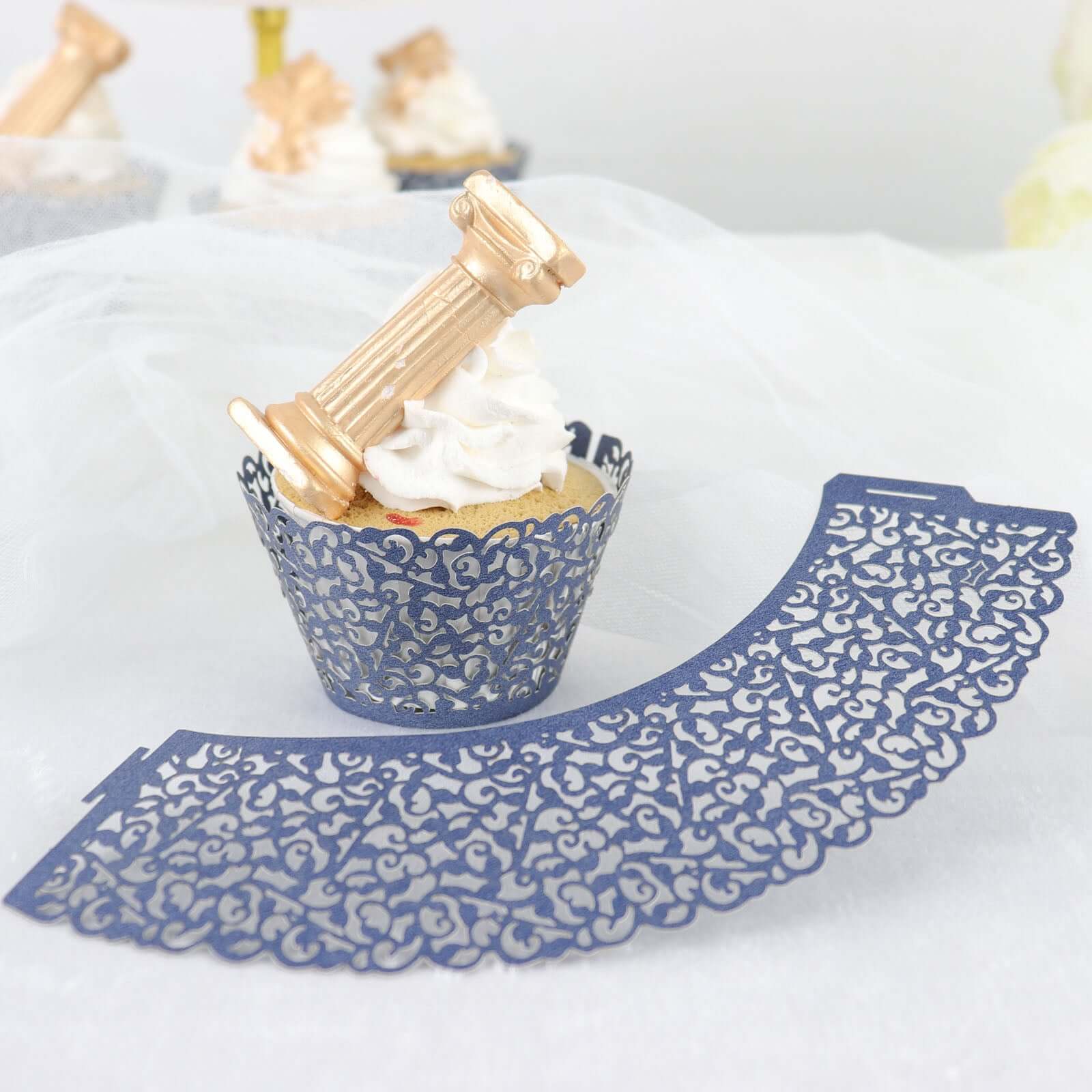 25-Pack Paper Cupcake Wrappers Lace Laser Cut Design Navy Blue - Muffin Baking Cup Trays for Events