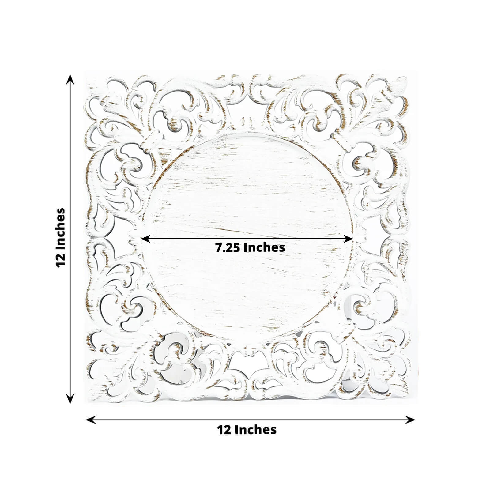 6-Pack Acrylic Square Charger Plates 12 Whitewashed with Hollow Lace Border, Event Tabletop Decorative Charger Tableware