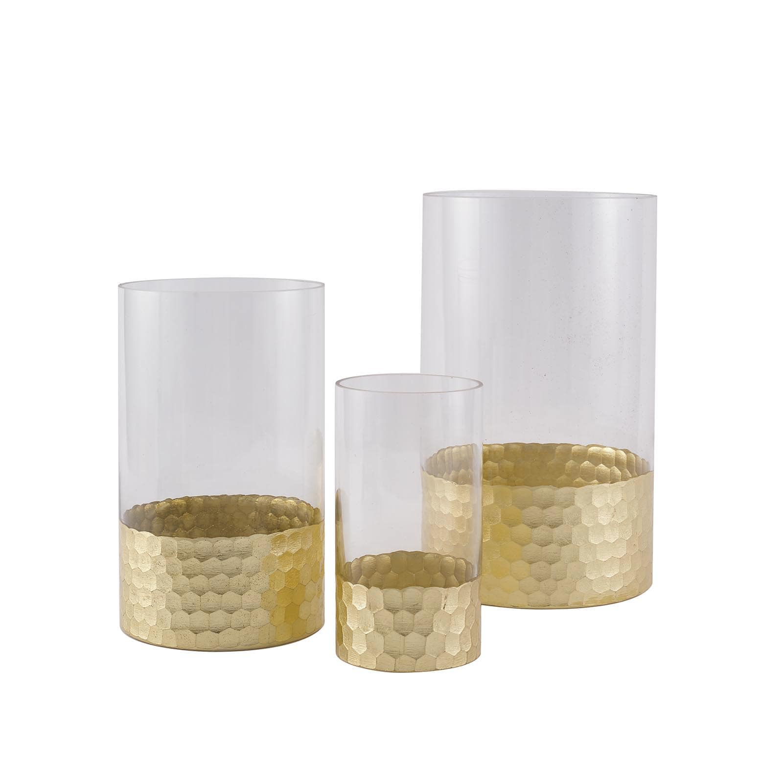 Set of 3 Glass Cylinder Vases Honeycomb Design Clear with Gold Base - Decorative Candle Holder Centerpieces 6, 8, 10