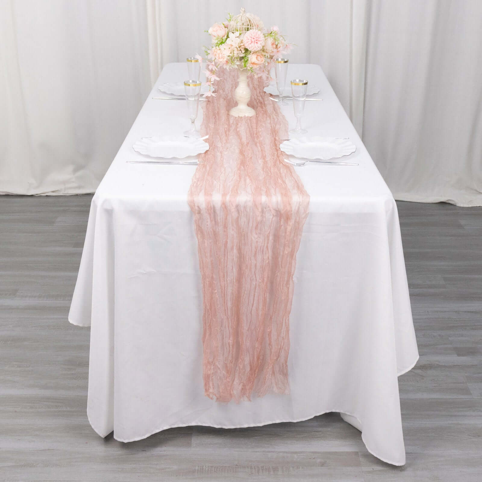 Sheer Crinkled Organza 9ft Table Runner Dusty Rose - Rustic Chiffon Look