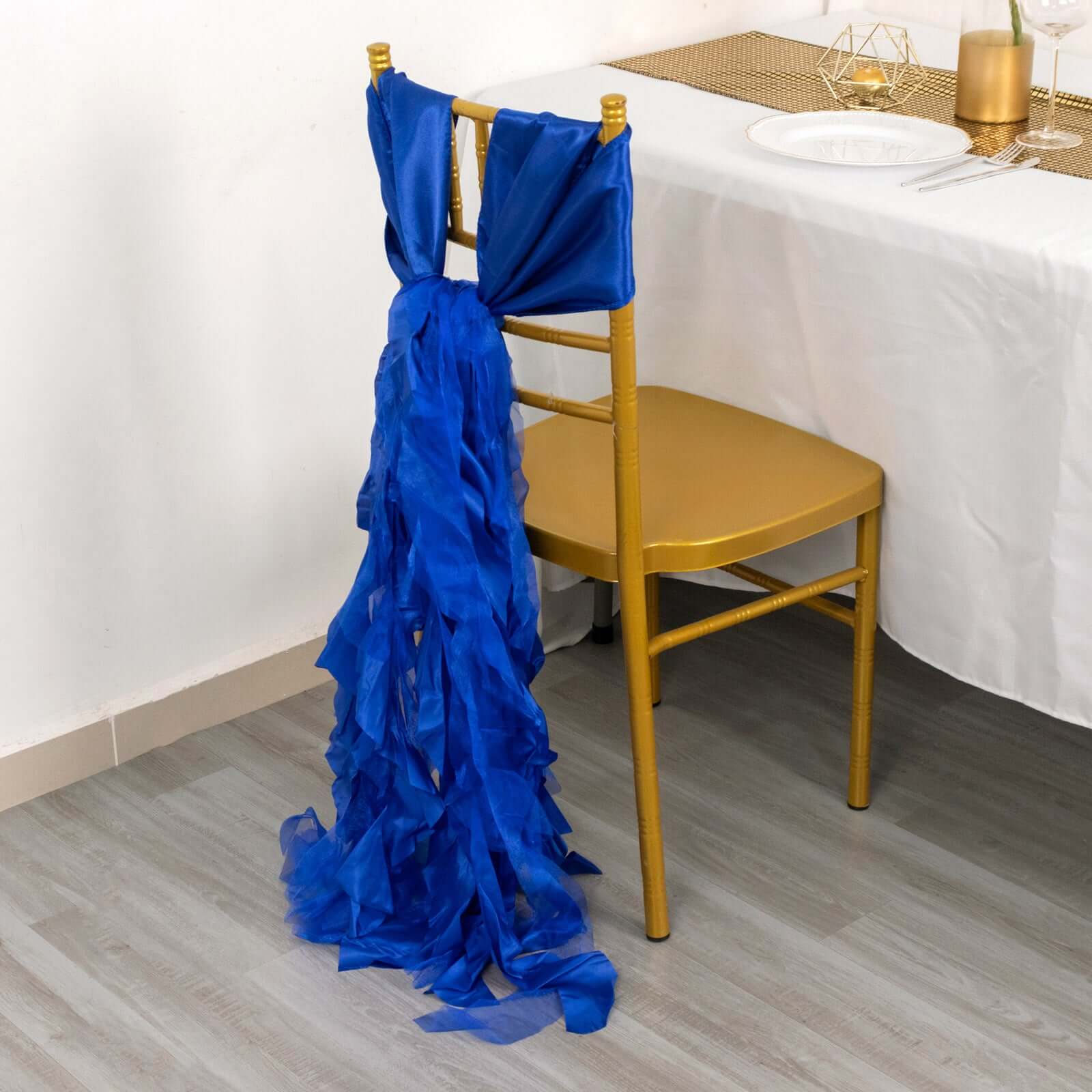 5 Pack Chiffon Satin Chair Sashes Royal Blue - Easy to Install Ruffled Curly Willow