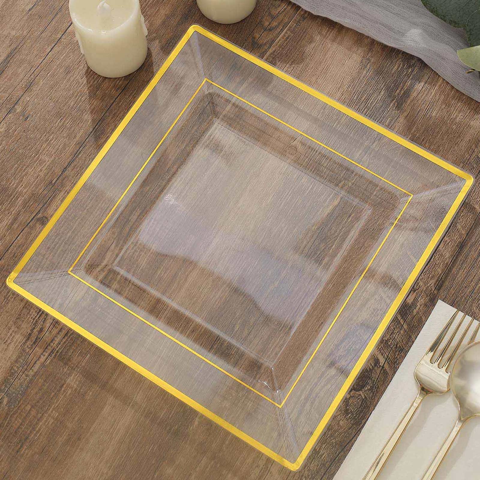 10 Pack 10 Gold Trim Clear Square Disposable Dinner Plates, Plastic Party Plates