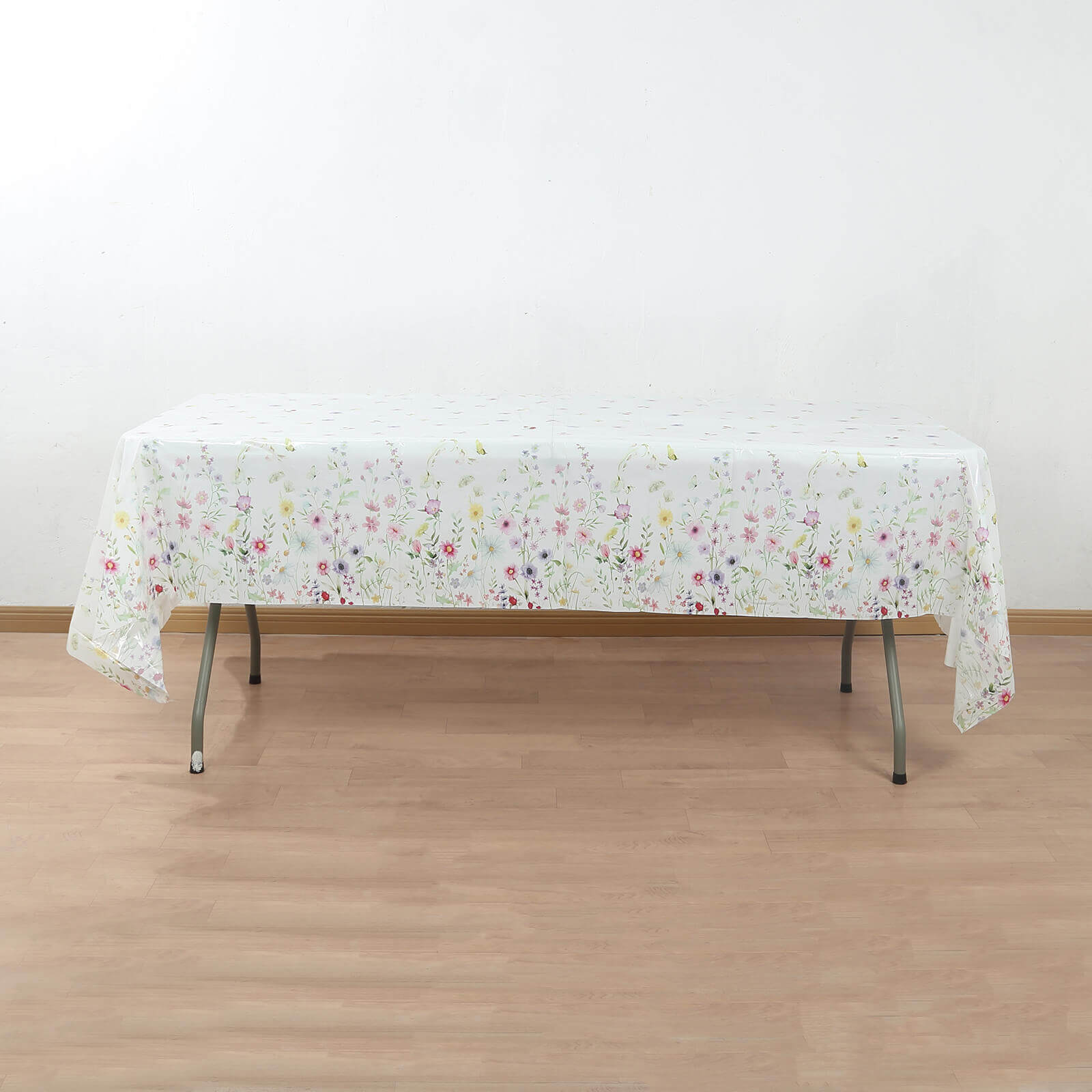 5-Pack Plastic Tablecloths White/Green Spring Floral Rectangle with Wild Flowers Butterfly Print - Durable PVC Disposable Table Covers 54x108