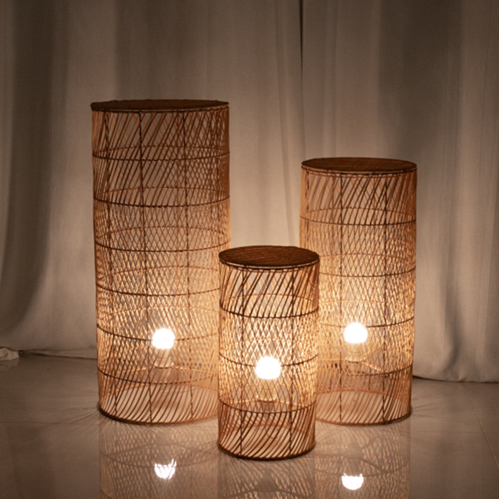 Set of 3 Natural Woven Rattan Wicker Pedestal Stand Floor Lamp Shades with Wave Pattern, Rustic Farmhouse Cylinder Display Stands With Plug In Light Cord - 19,27,33