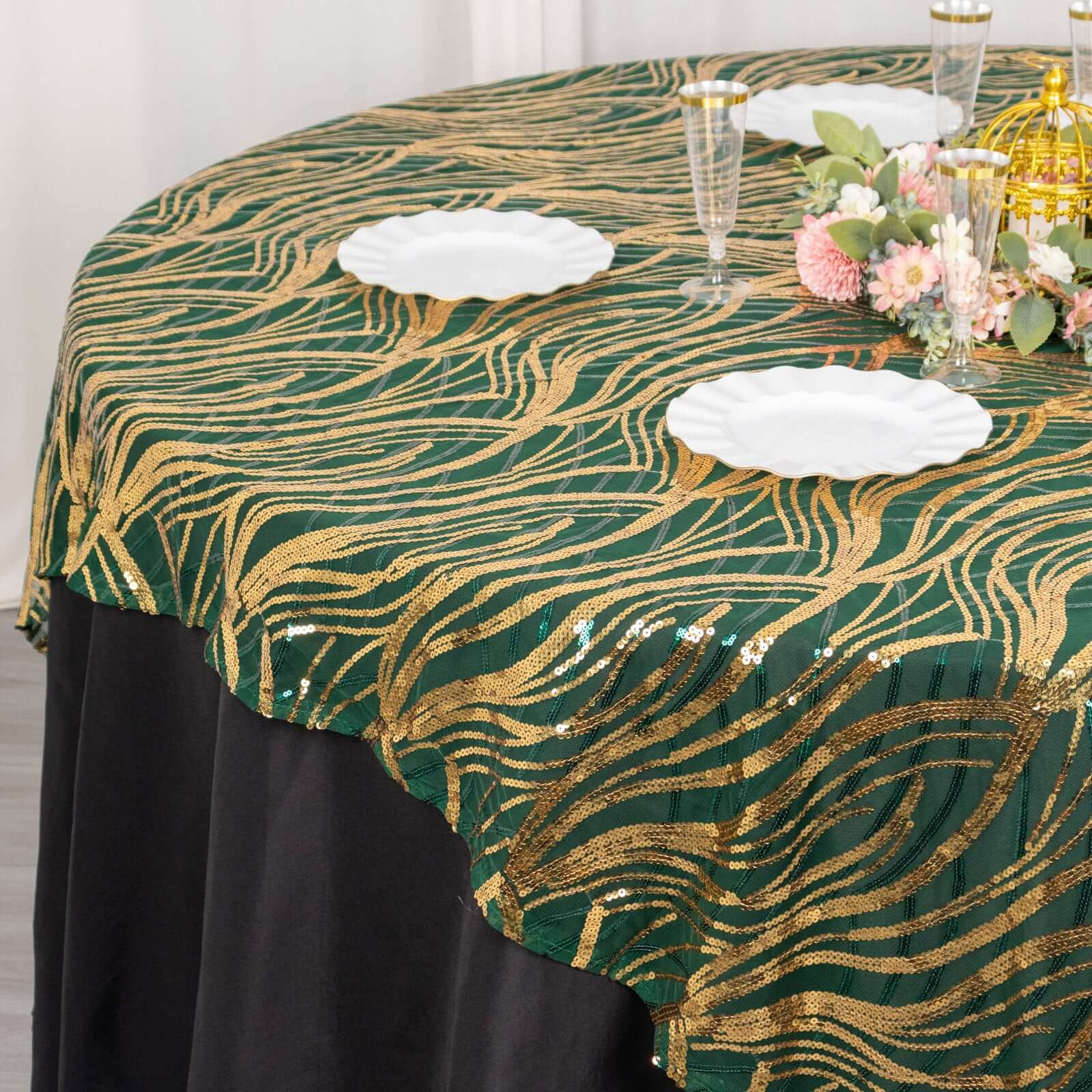 Mesh 72x72 Table Overlay Square Tablecloth Hunter Emerald Green - Wave Embroidered Sequins Table Topper