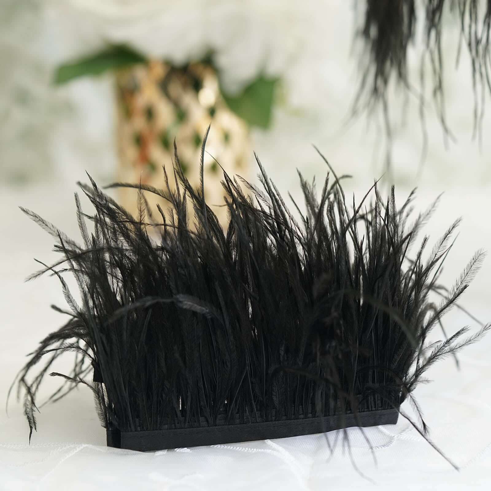 39 Black Real Ostrich Feather Fringe Trim With Satin Ribbon Tape