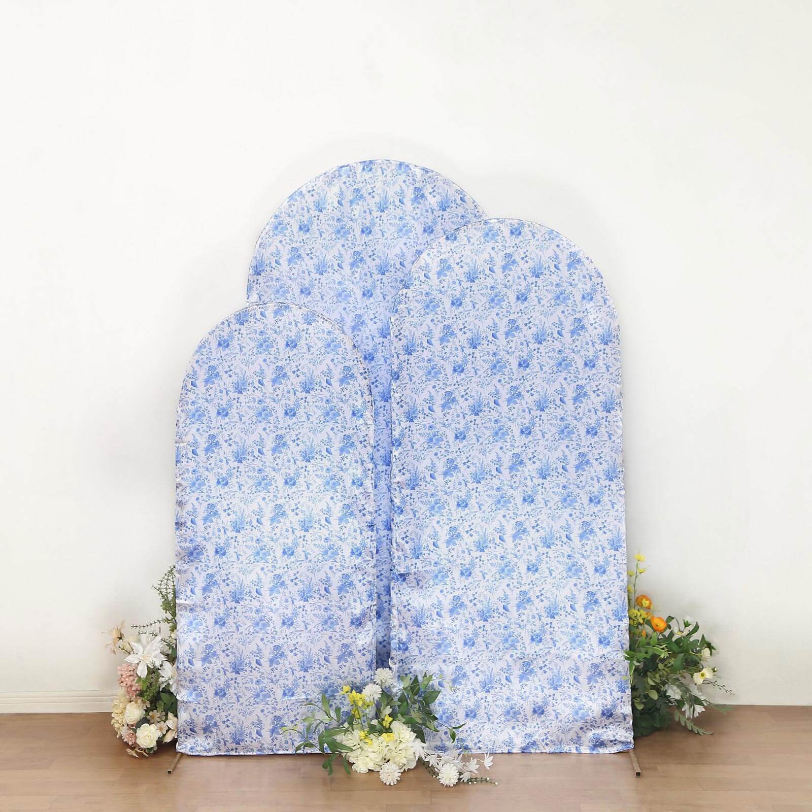 Set of 3 White Blue Satin Chiara Wedding Arch Covers in French Toile Floral Pattern, Fitted Covers For Round Top Backdrop Stands - 5ft,6ft,7ft