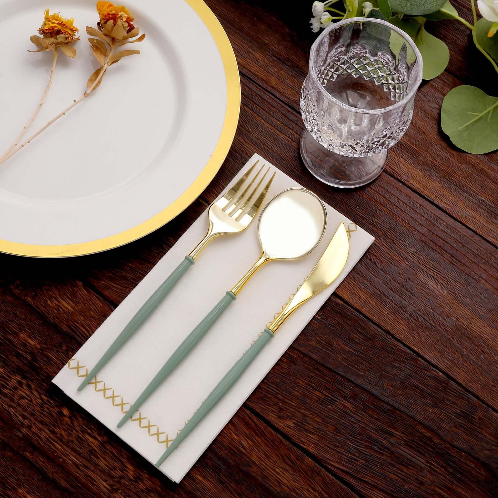 24-Pack Plastic Flatware Set in Metallic Gold with Dusty Sage Green Handle - Heavy Duty Disposable Modern Silverware 8