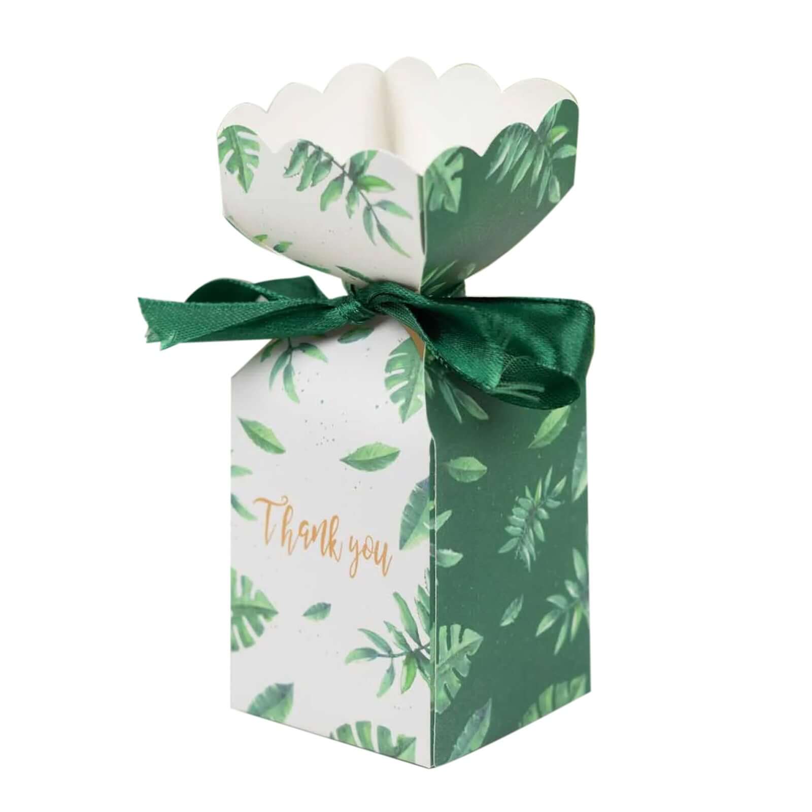 25 Pack White Green Leaf Print Satin Ribbon Candy Gift Boxes With Floral Top, Cardstock Paper Party Favor Boxes - 2x5