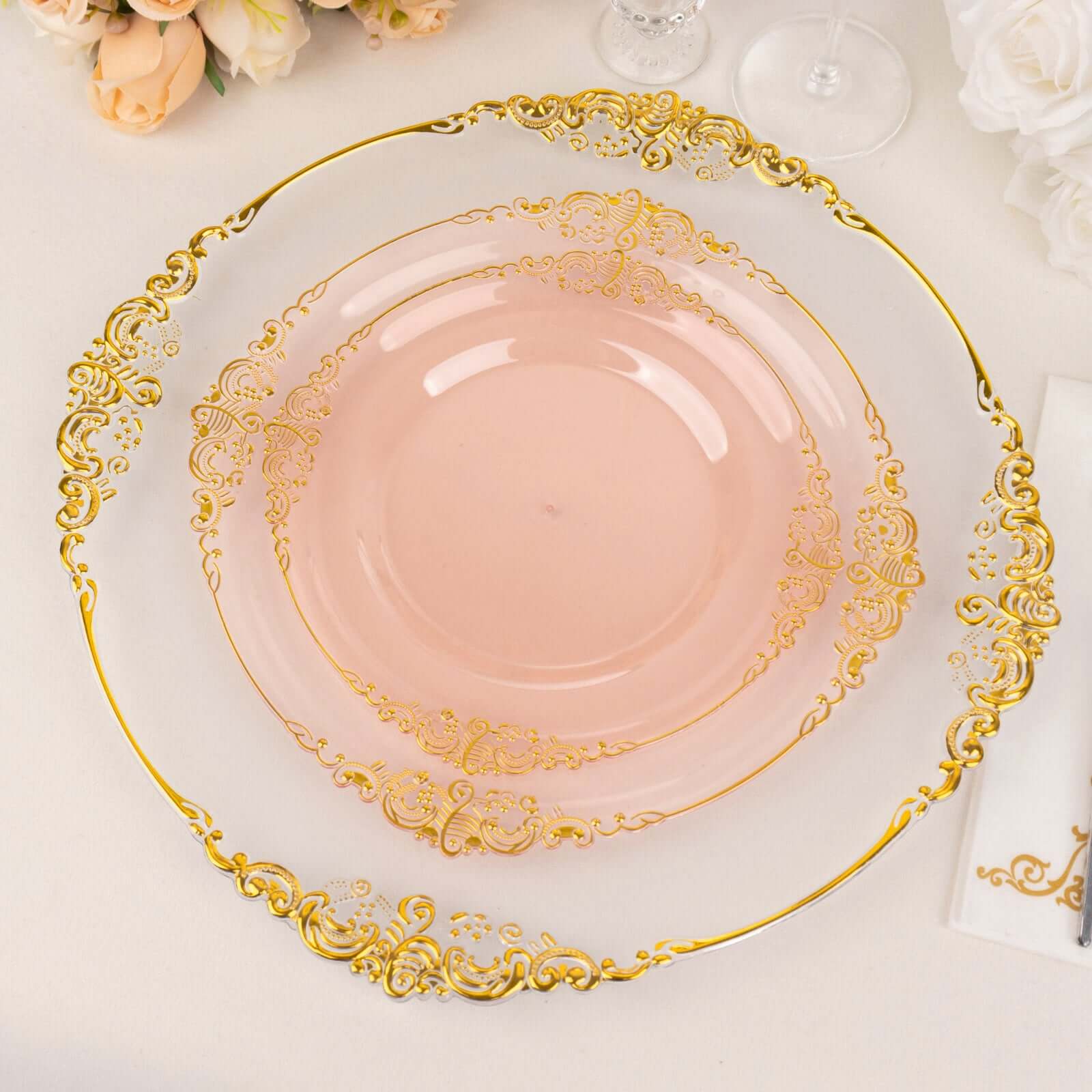 10-Pack Plastic 8 Round Dessert Plates in Transparent Blush with Gold Leaf Embossed Rim - Disposable Vintage Baroque Style Salad Plates