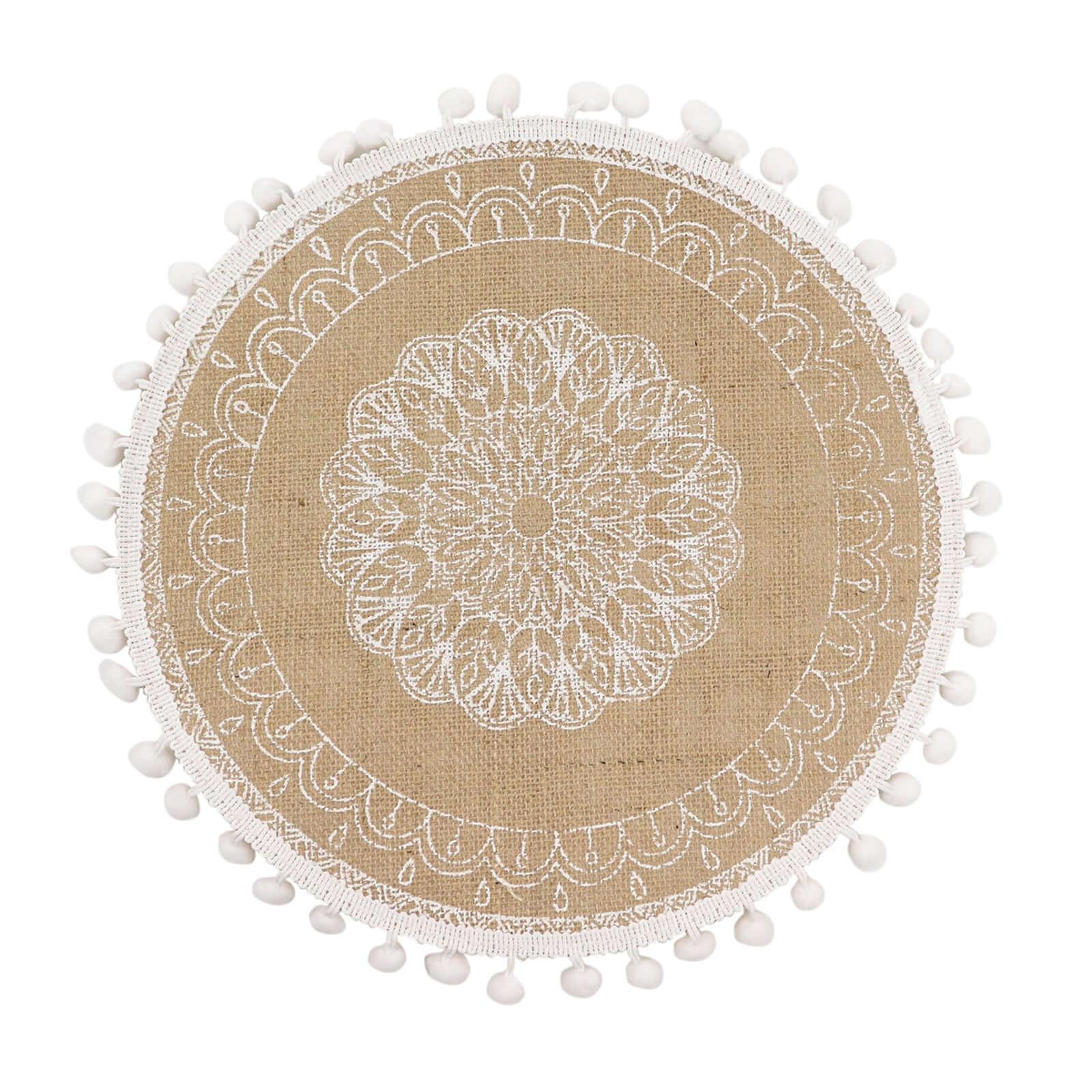 4-Pack Placemats Embroidery Mandala Print Design Natural Jute and White Round - Rustic Burlap Tassel Style with Beaded Trim 15