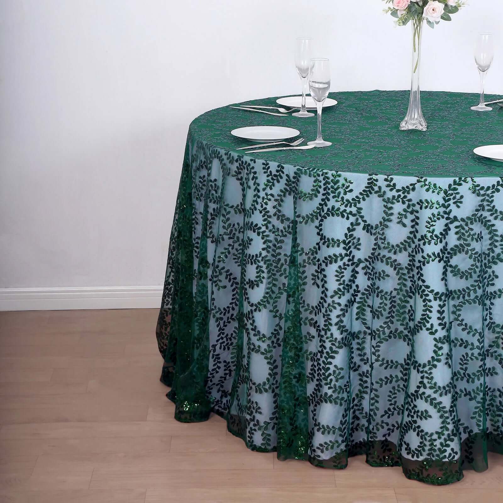 Tulle 120 Round Tablecloth Hunter Emerald Green - Seamless Sequin Leaf Embroidered Table Cover