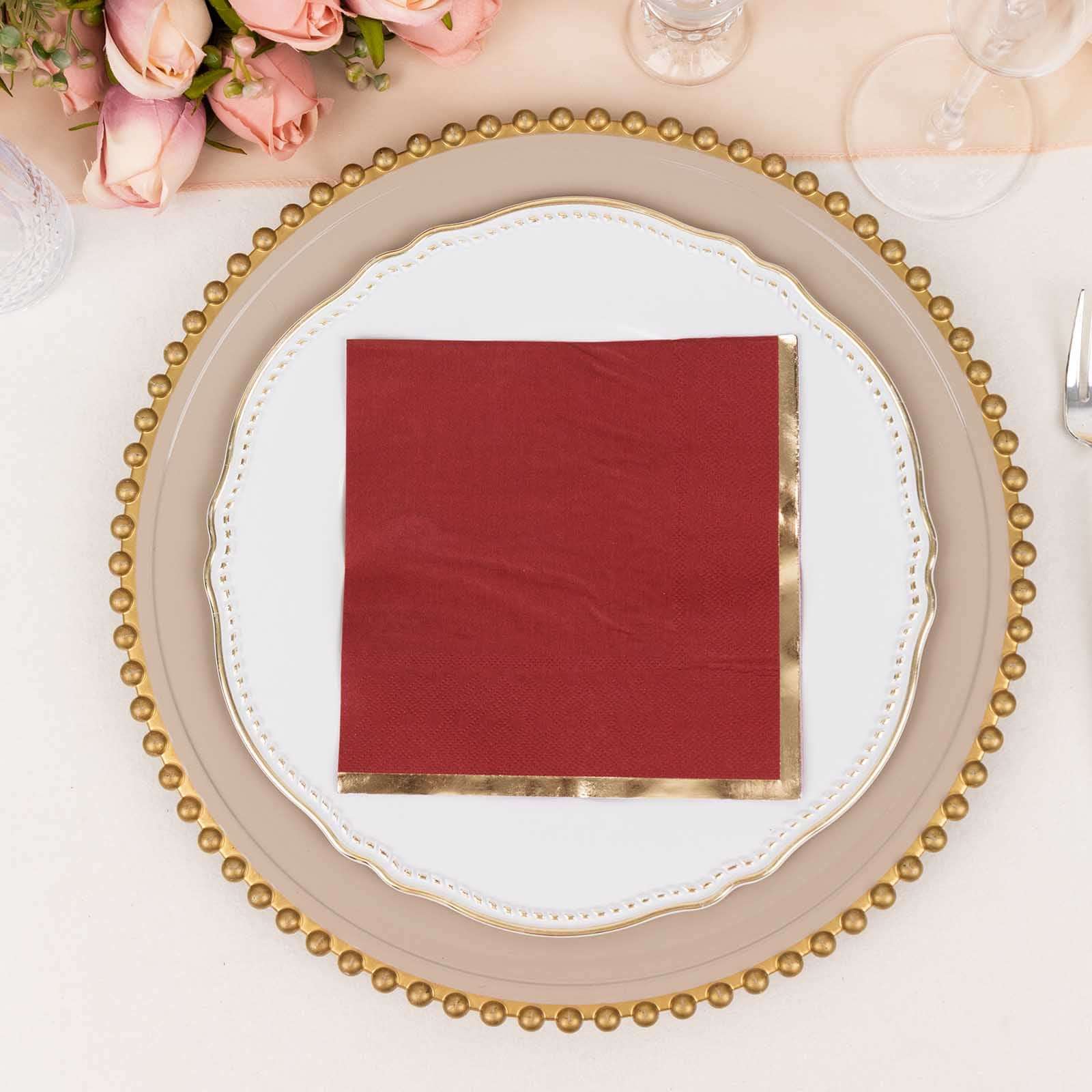 50-Pack Paper Beverage Napkins with Gold Foil Edge Burgundy - Disposable 2 Ply Cocktail Napkins for Events 6.5x6.5