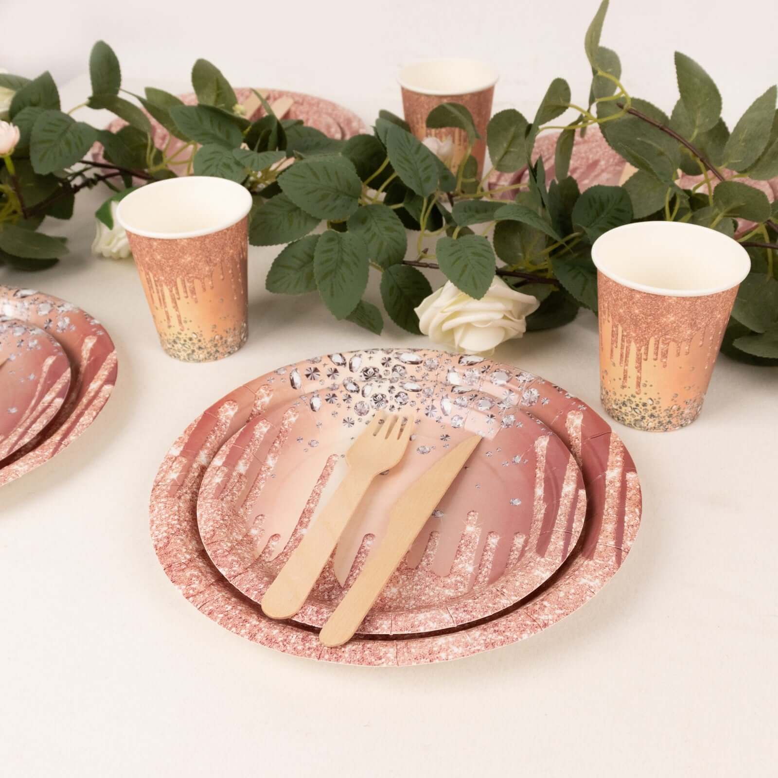 72 Pcs Paper Dinnerware Set with Diamonds Glitter Drip Pattern Rose Gold - Disposable Tableware Combo-Pack with Plates and Cups