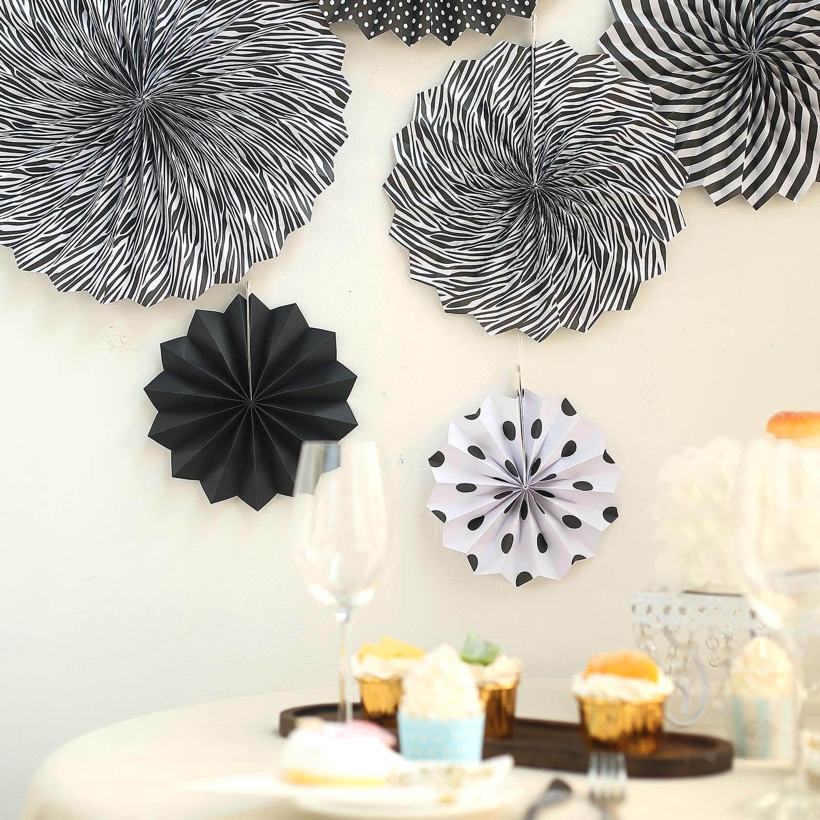 Set of 6 Black White Hanging Paper Fan Decorations, Pinwheel Wall Backdrop Party Kit - 8, 12, 16