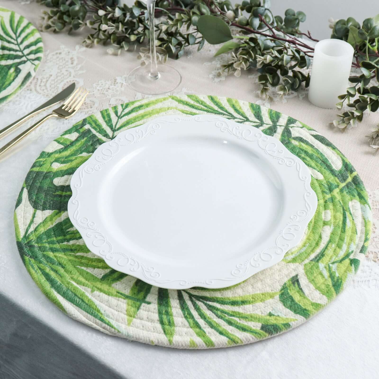 4-Pack Table Placemats Tropical Leaf Design Green Cotton Round - Woven Indoor/Outdoor Dining Mats 15