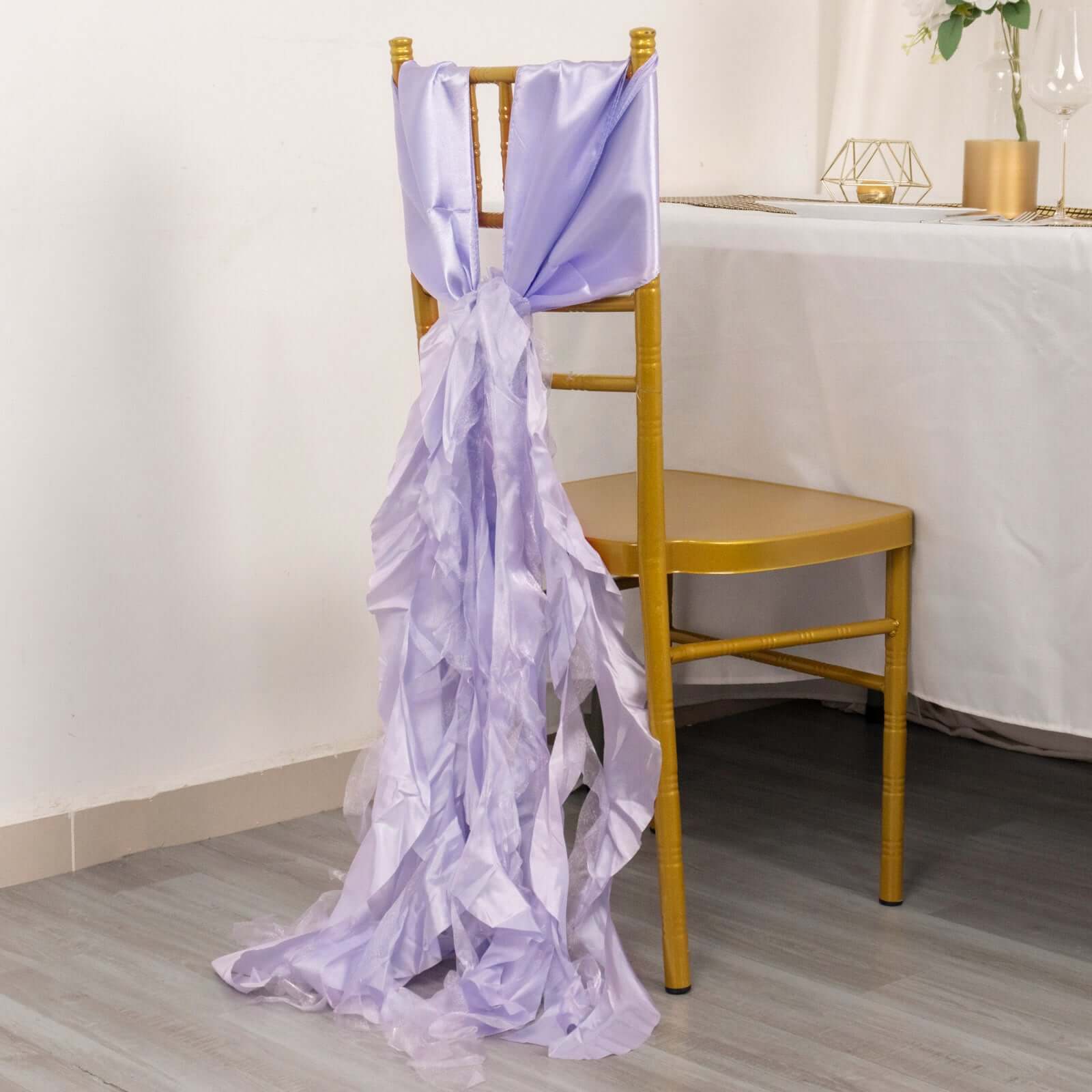 5 Pack Chiffon Satin Chair Sashes Lavender Lilac - Easy to Install Ruffled Curly Willow