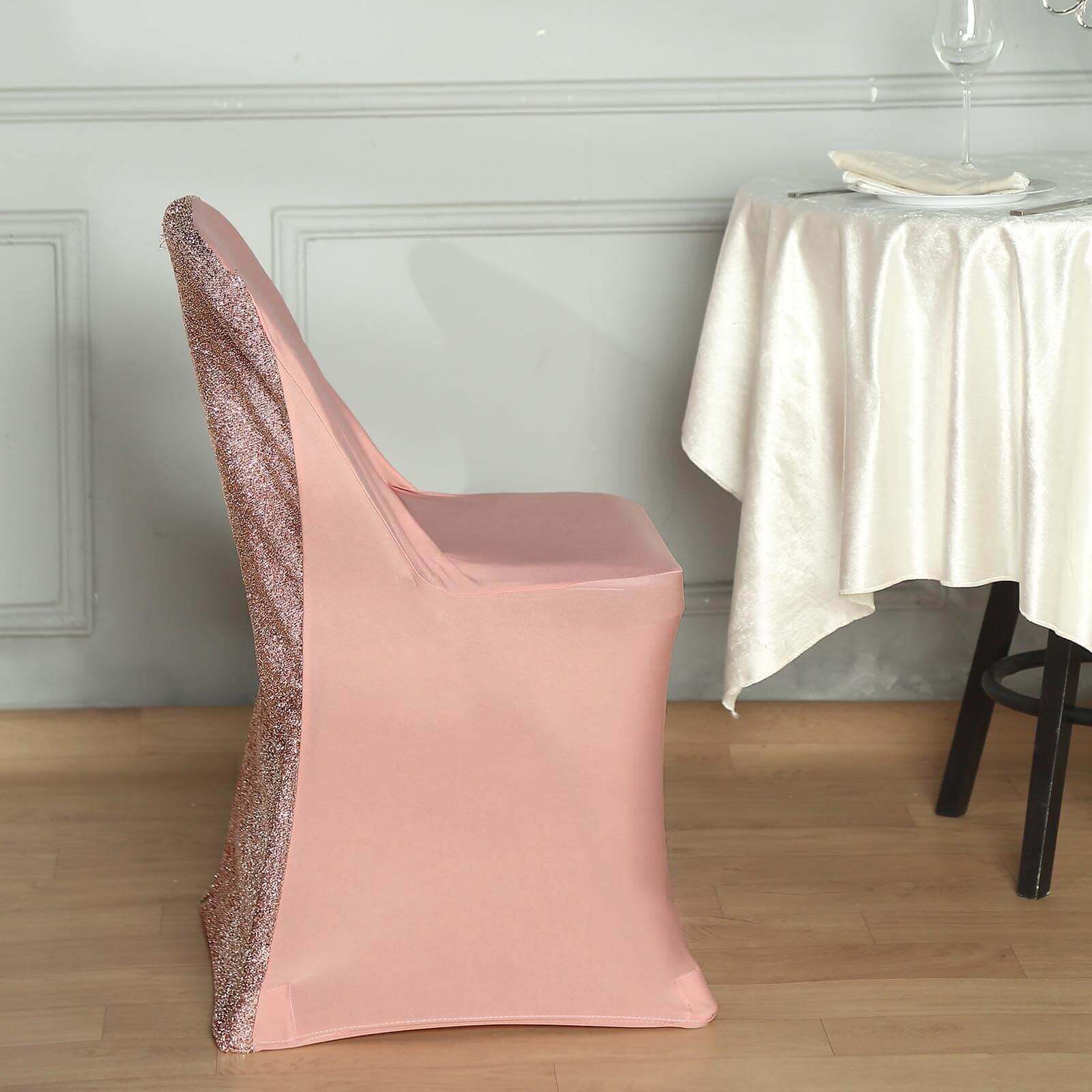 Stretch Spandex Chair Cover Rose Gold for Folding Chairs - Metallic Shimmer Tinsel Back Design Fitted Slipcover