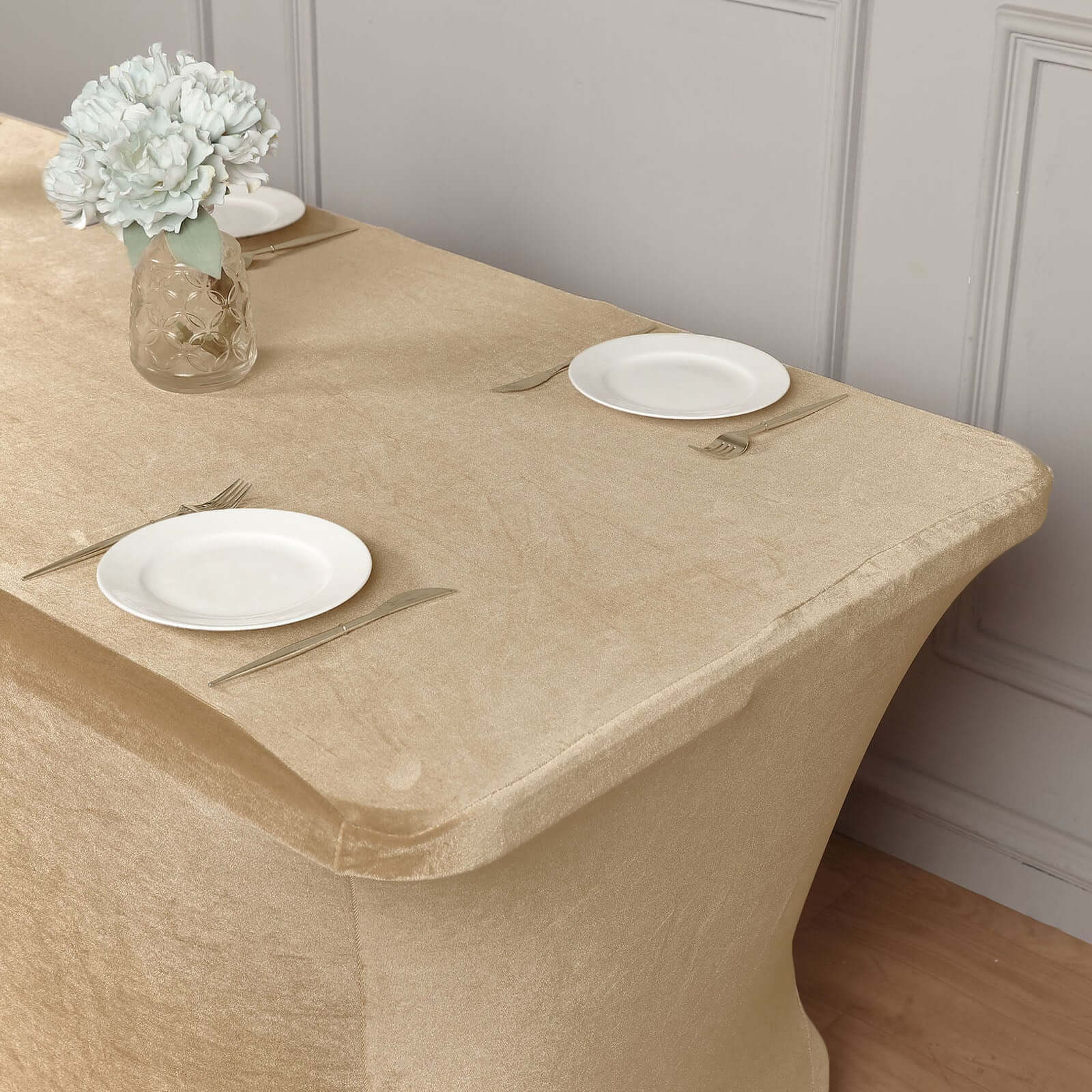 Velvet Spandex 6ft Rectangle Tablecloth Champagne - Fitted Wrinkle-Free Design for 72x30 Tables