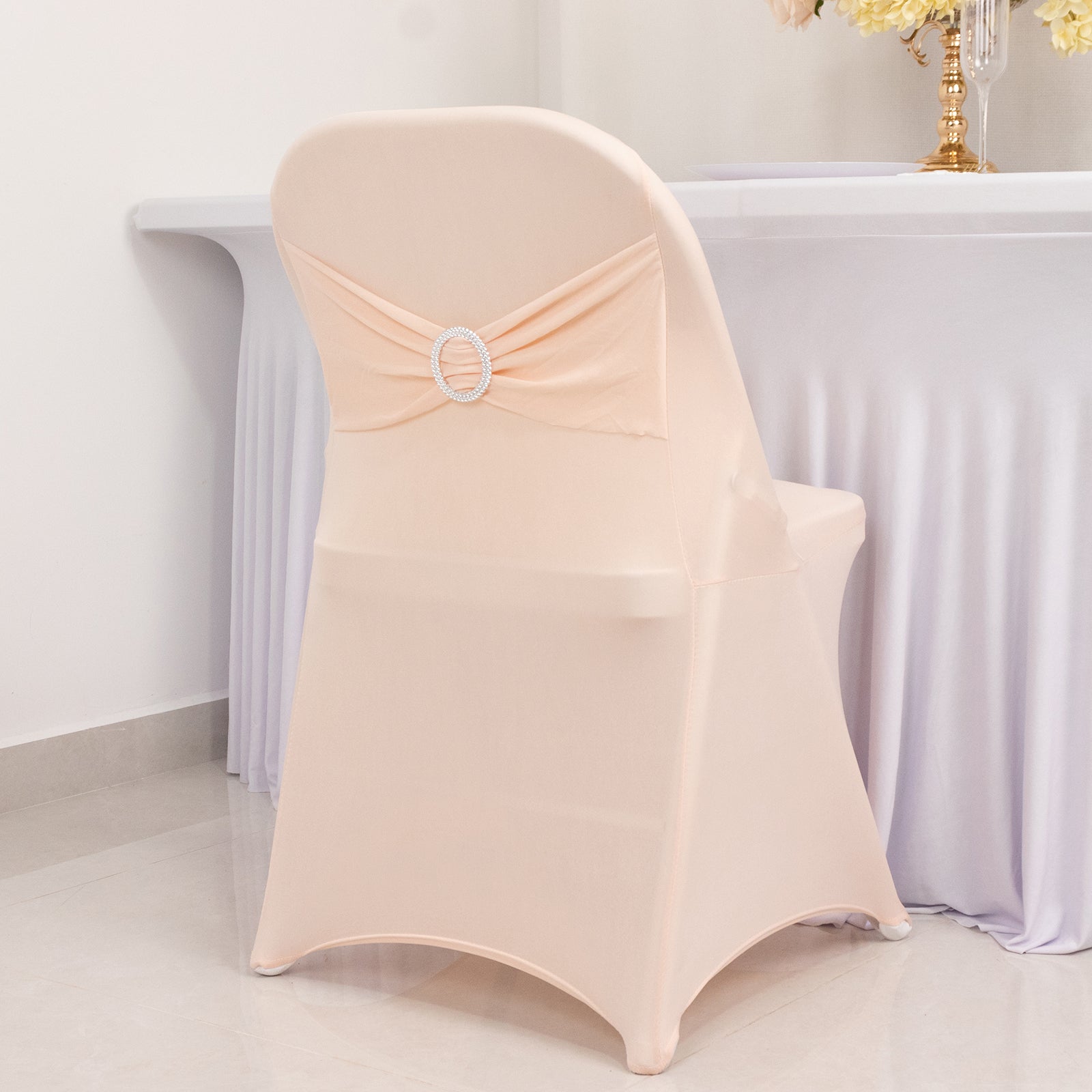 Stretch Spandex Chair Cover Blush for Folding Chairs - Secure Fit Slipcover with Silver Rhinestone Buckled Sash Band