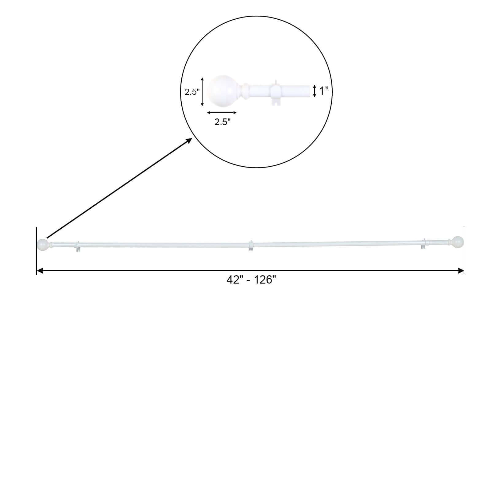 42-126 Adjustable Curtain Rod Set, White, Round Finials